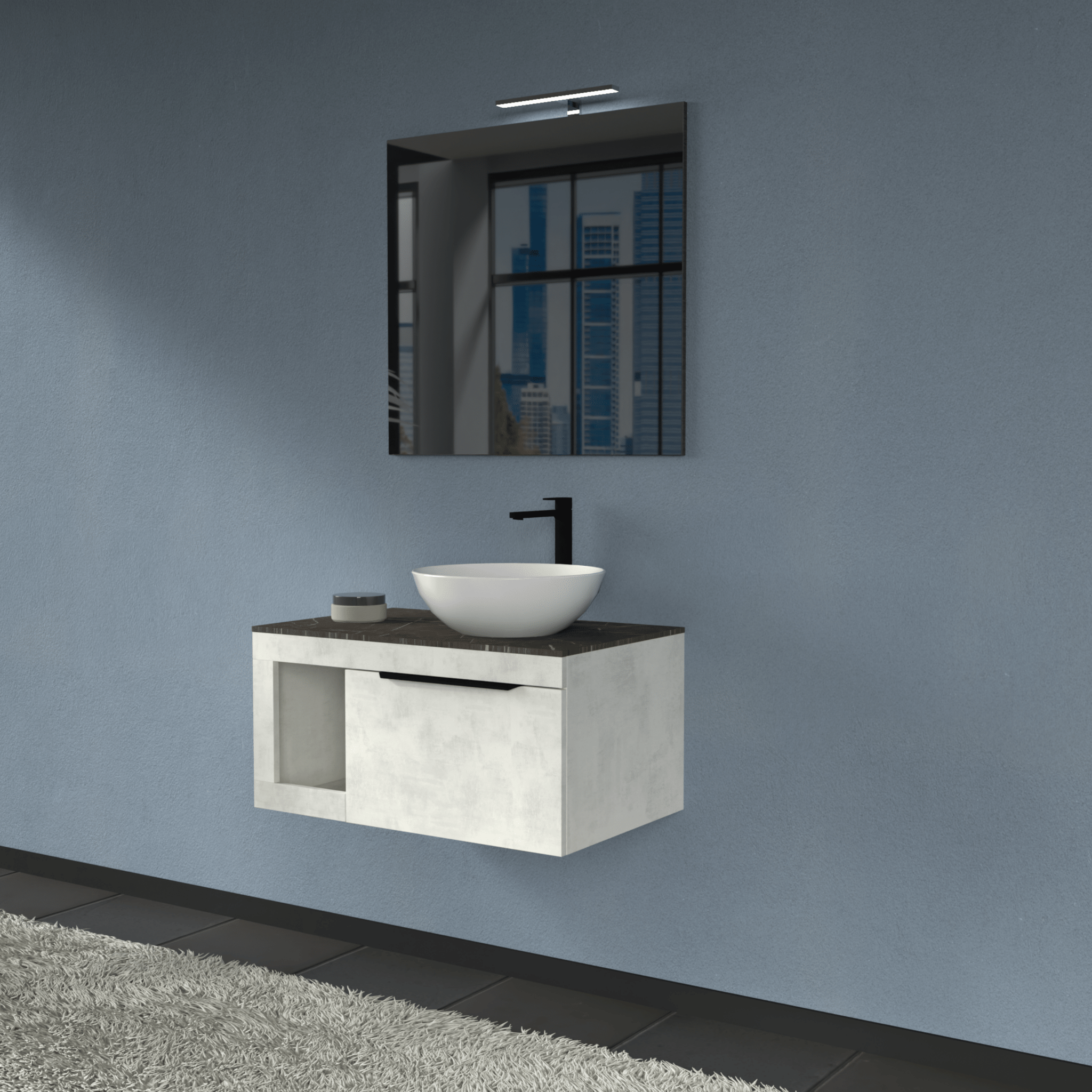 Mobile Bagno Sospeso 80 Cm Un Cassetto Con Vano a Giorno Specchio Con Lampada Led 70x80 Cm AdattoCasa "Lido" Grigio Cielo/Grigio Italia - Dabicasa