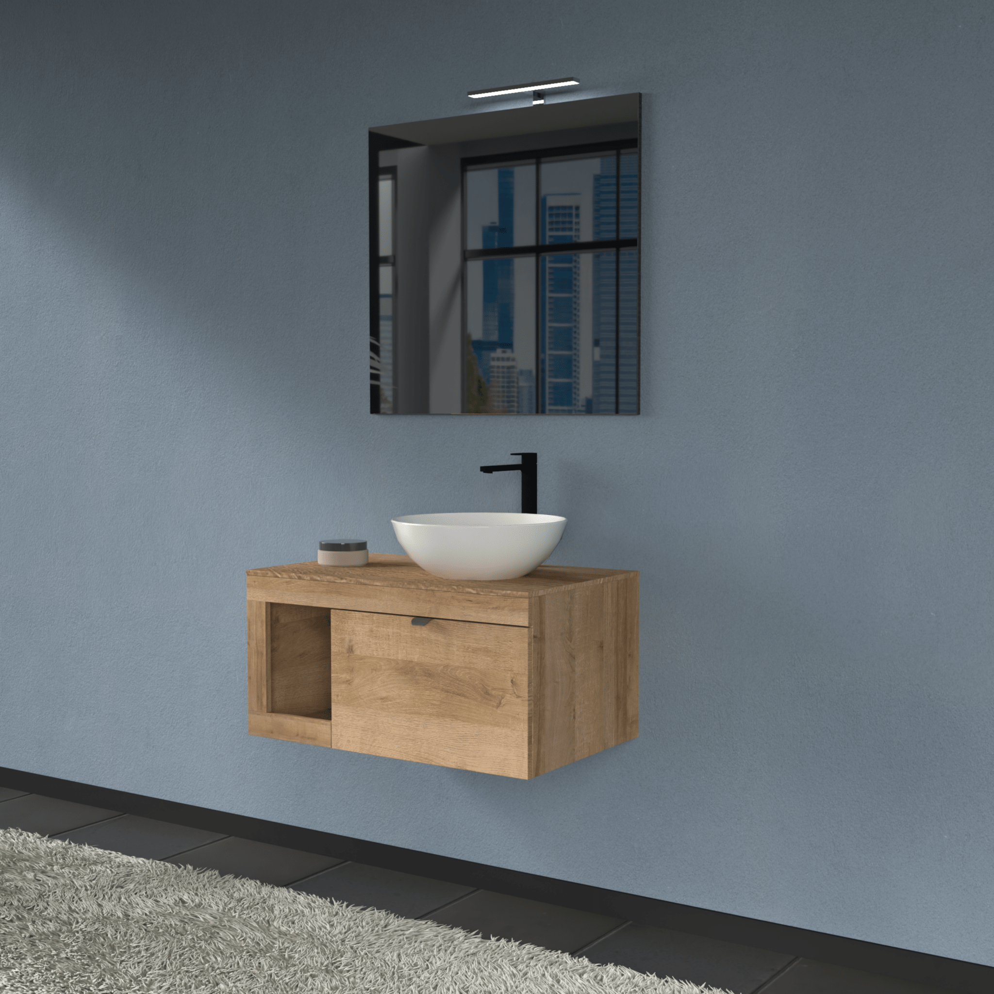 Mobile Bagno Sospeso 80 Cm Un Cassetto Con Vano a Giorno Specchio Con Lampada Led 70x80 Cm AdattoCasa "Lido" Rovere Farnia - Dabicasa