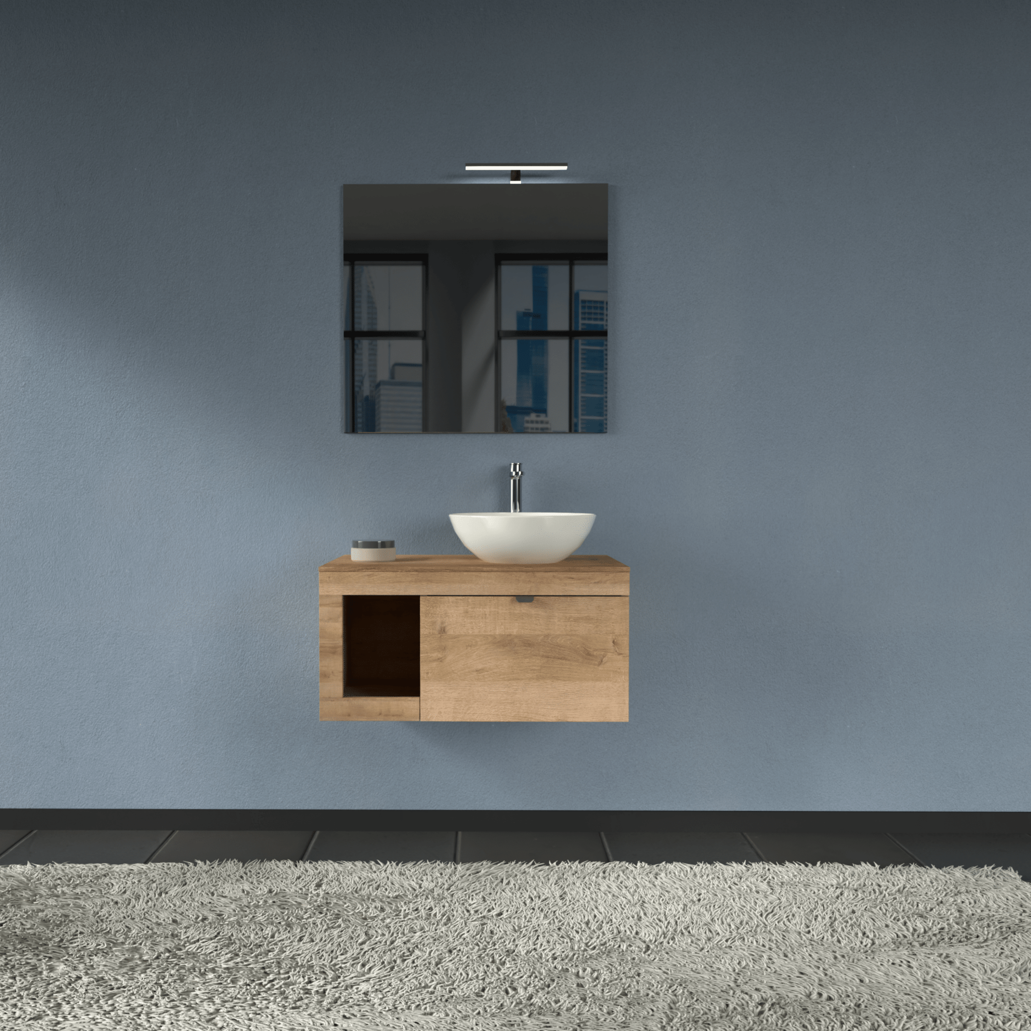 Mobile Bagno Sospeso 80 Cm Un Cassetto Con Vano a Giorno Specchio Con Lampada Led 70x80 Cm AdattoCasa "Lido" Rovere Farnia - Dabicasa