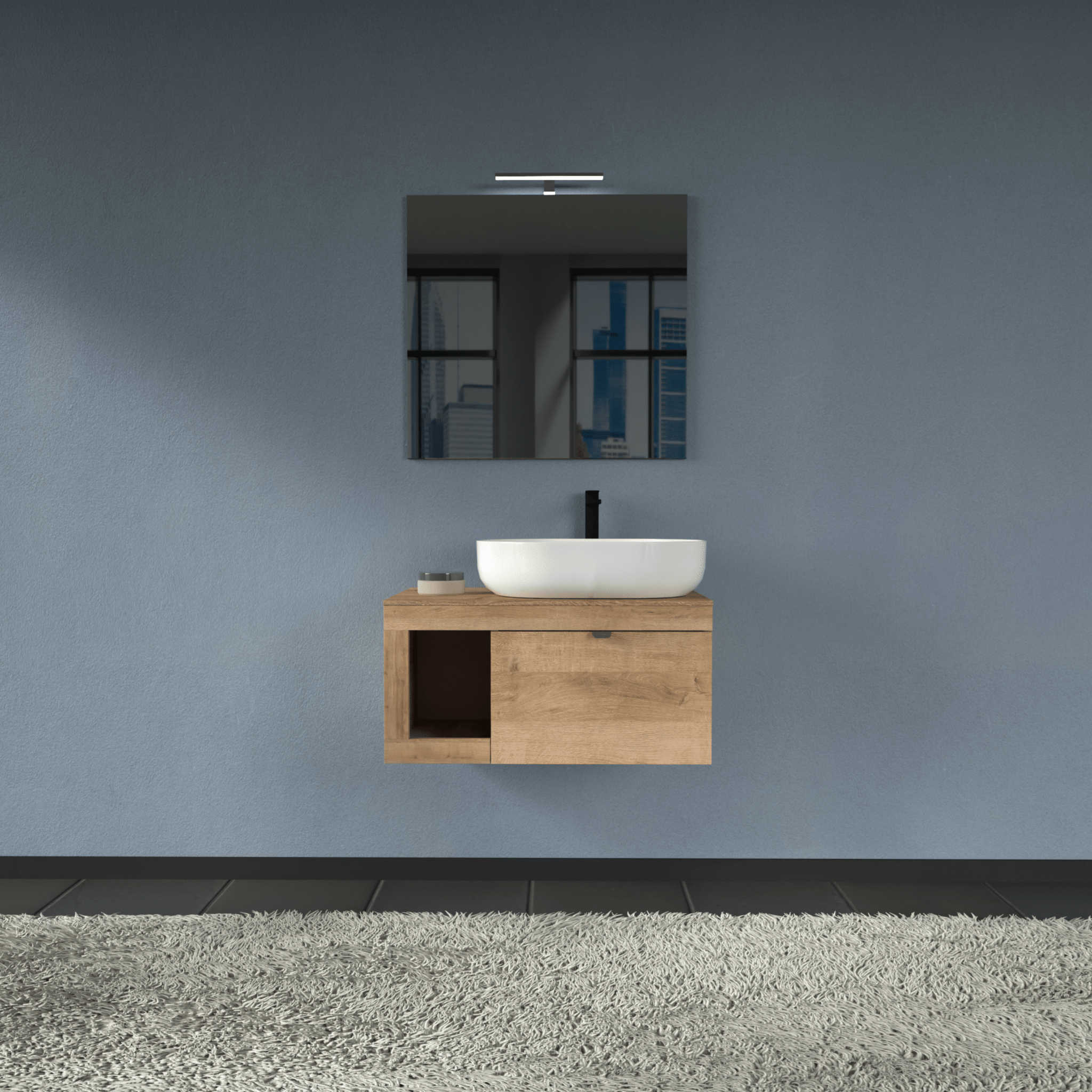 Mobile Bagno Sospeso 80 Cm Un Cassetto Con Vano a Giorno Specchio Con Lampada Led 70x80 Cm AdattoCasa "Lido" Rovere Farnia - Dabicasa