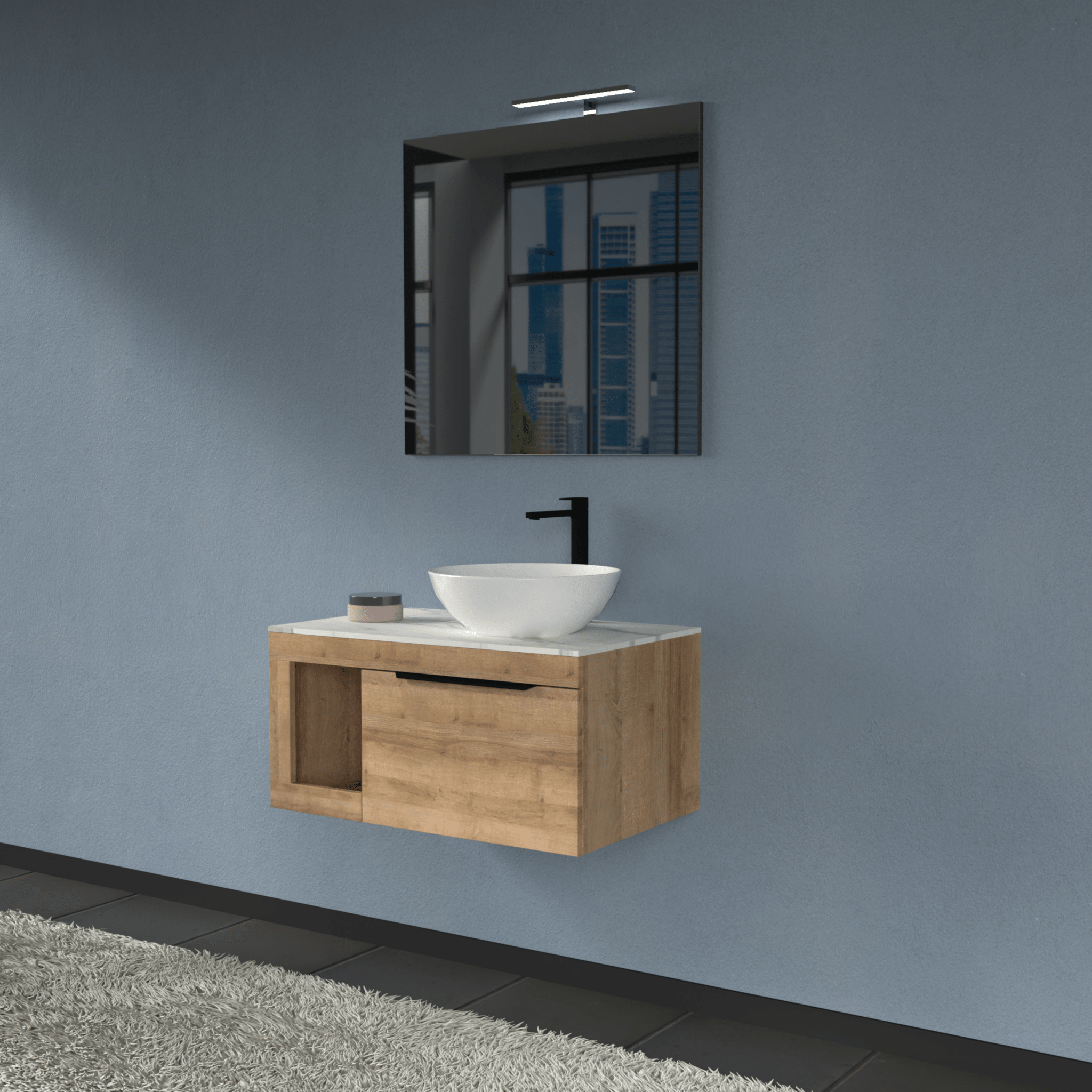 Mobile Bagno Sospeso 80 Cm Un Cassetto Con Vano a Giorno Specchio Con Lampada Led 70x80 Cm AdattoCasa "Lido" Rovere Farnia/Carrara - Dabicasa