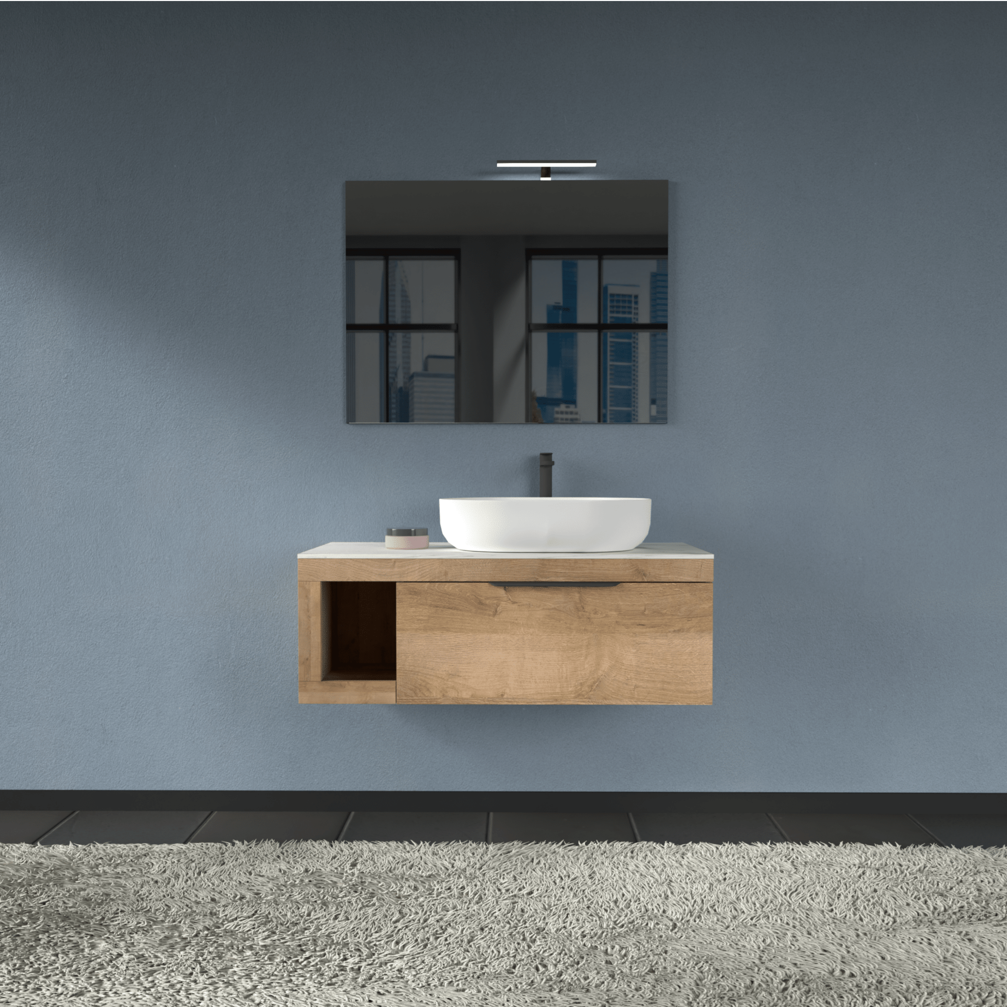 Mobile Bagno Sospeso 80 Cm Un Cassetto Con Vano a Giorno Specchio Con Lampada Led 70x80 Cm AdattoCasa "Lido" Rovere Farnia/Carrara - Dabicasa