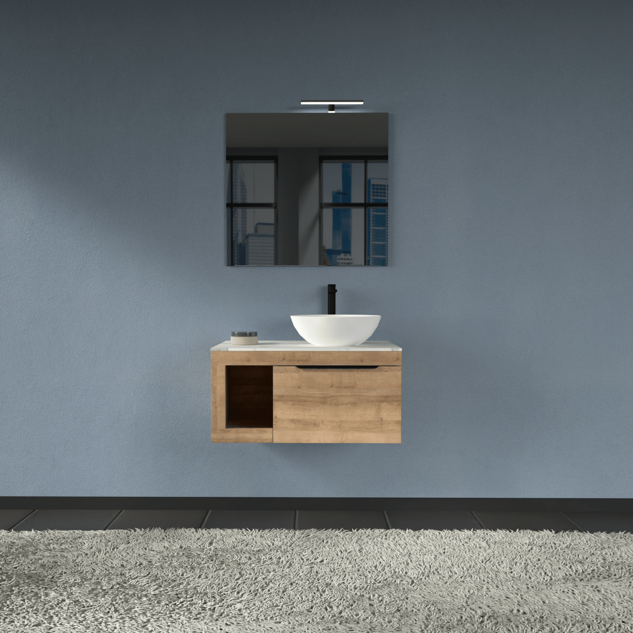 Mobile Bagno Sospeso 80 Cm Un Cassetto Con Vano a Giorno Specchio Con Lampada Led 70x80 Cm AdattoCasa "Lido" Rovere Farnia/Carrara - Dabicasa