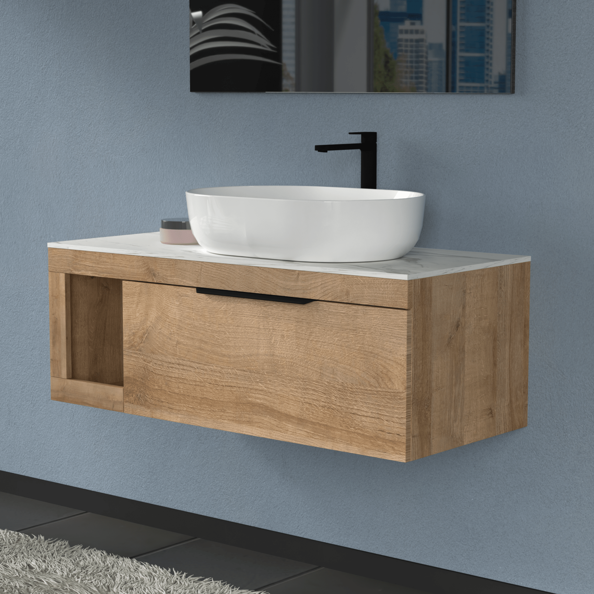 Mobile Bagno Sospeso 80 Cm Un Cassetto Con Vano a Giorno Specchio Con Lampada Led 70x80 Cm AdattoCasa "Lido" Rovere Farnia/Carrara - Dabicasa