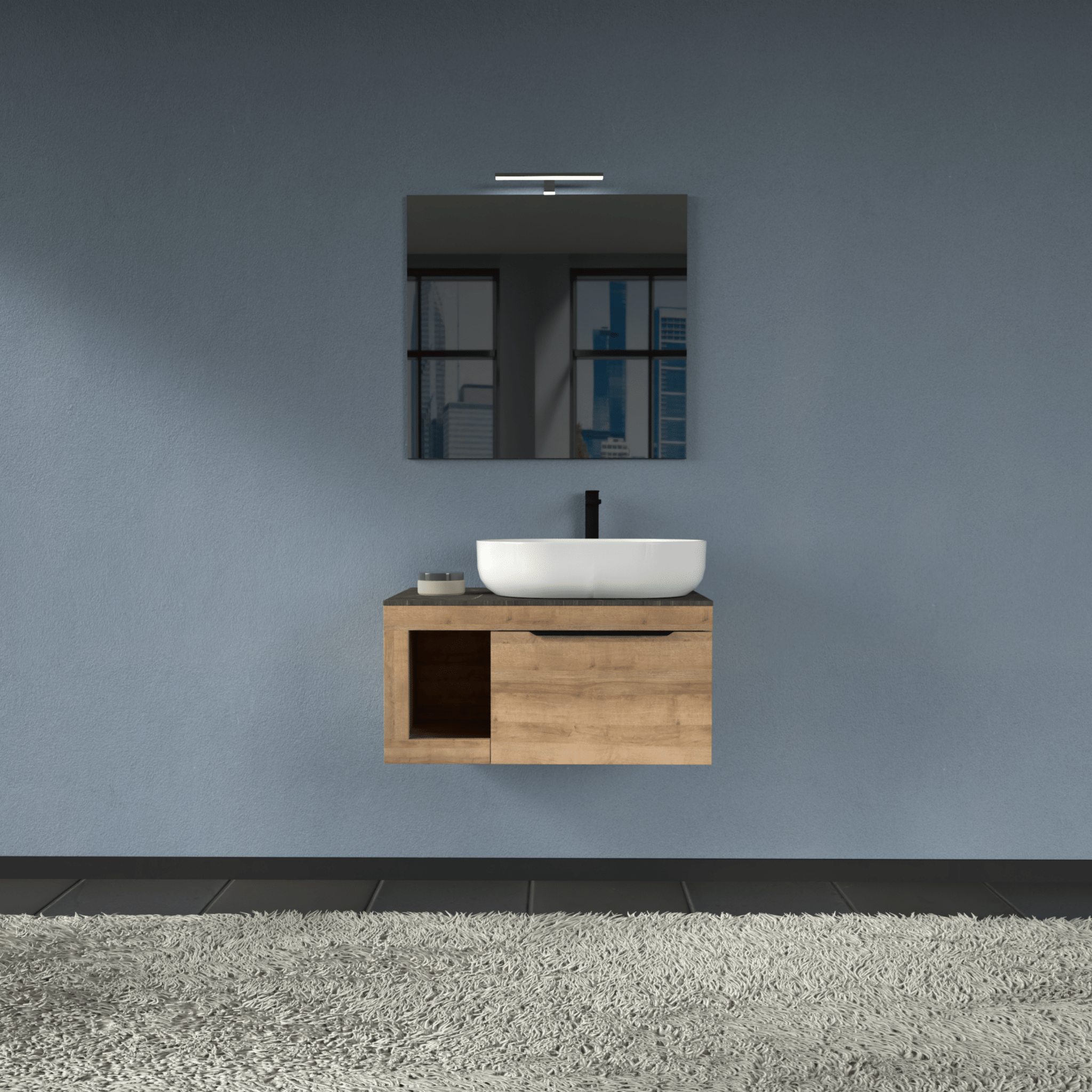 Mobile Bagno Sospeso 80 Cm Un Cassetto Con Vano a Giorno Specchio Con Lampada Led 70x80 Cm AdattoCasa "Lido" Rovere Farnia/Grigio Italia - Dabicasa