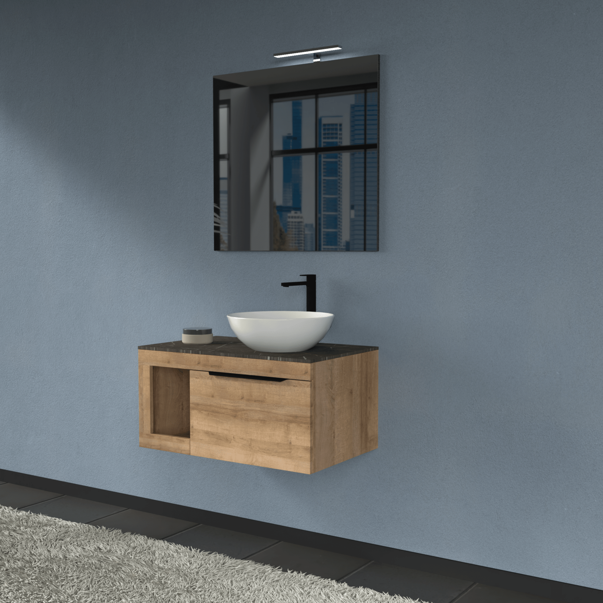 Mobile Bagno Sospeso 80 Cm Un Cassetto Con Vano a Giorno Specchio Con Lampada Led 70x80 Cm AdattoCasa "Lido" Rovere Farnia/Grigio Italia - Dabicasa