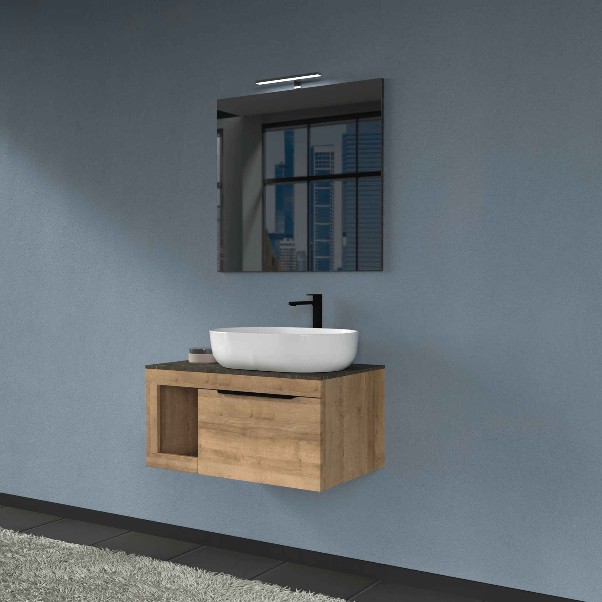 Mobile Bagno Sospeso 80 Cm Un Cassetto Con Vano a Giorno Specchio Con Lampada Led 70x80 Cm AdattoCasa "Lido" Rovere Farnia/Grigio Italia - Dabicasa