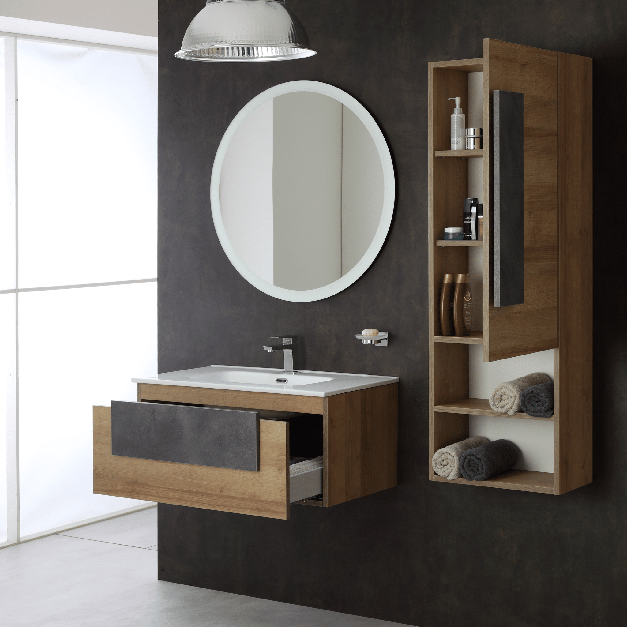 Mobile Bagno Sospeso 80 Cm Un Cassetto e Specchio Con Illuminazione Led Feridras "Urban" Riviera - Dabicasa