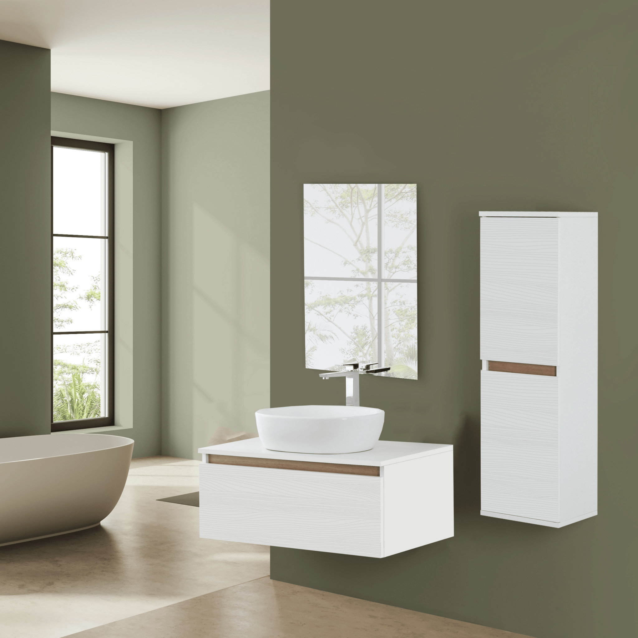 Mobile Bagno Sospeso 80 Cm Un Cassetto Specchio Feridras "Revital" Bianco Frassinato/Rovere - Dabicasa