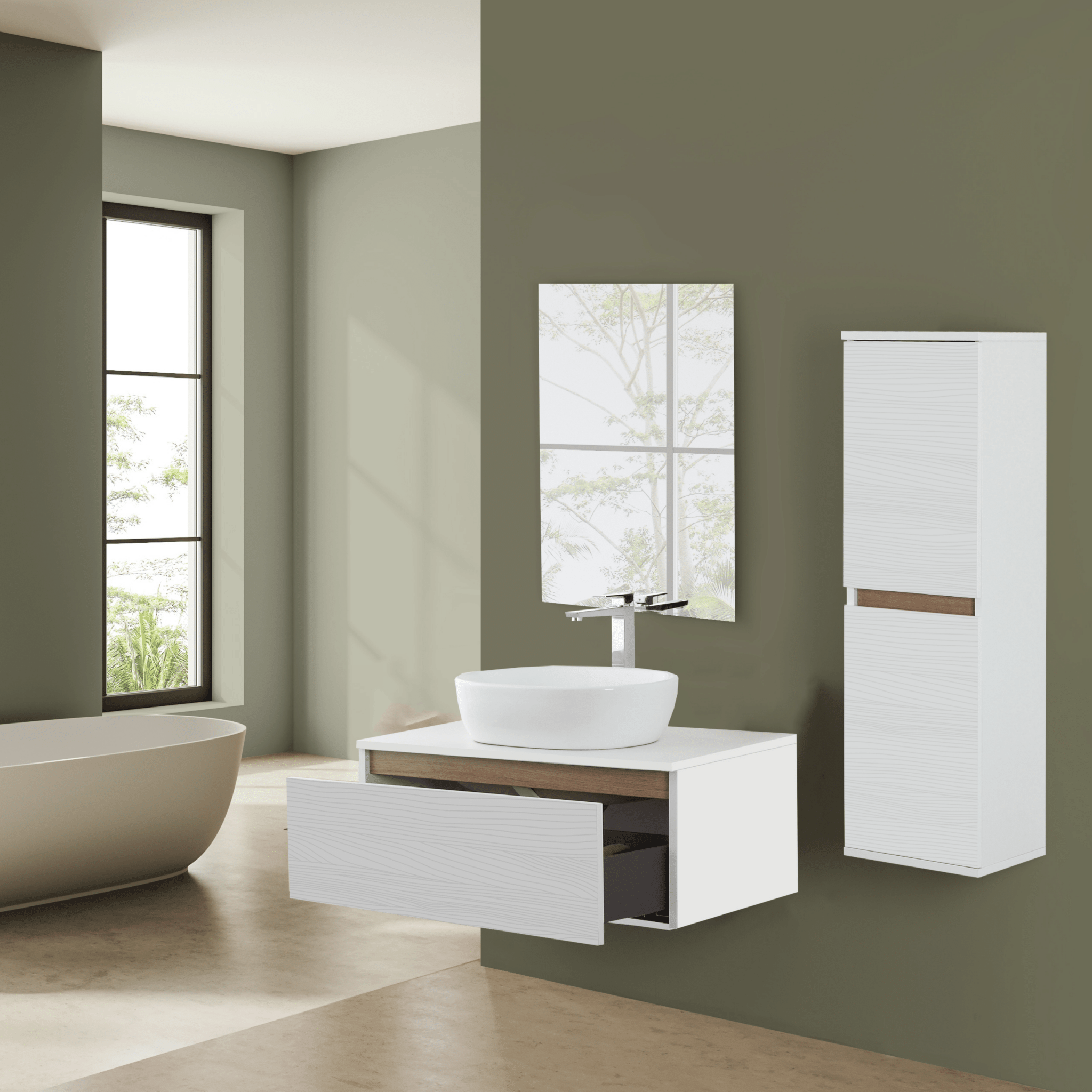 Mobile Bagno Sospeso 80 Cm Un Cassetto Specchio Feridras "Revital" Bianco Frassinato/Rovere - Dabicasa