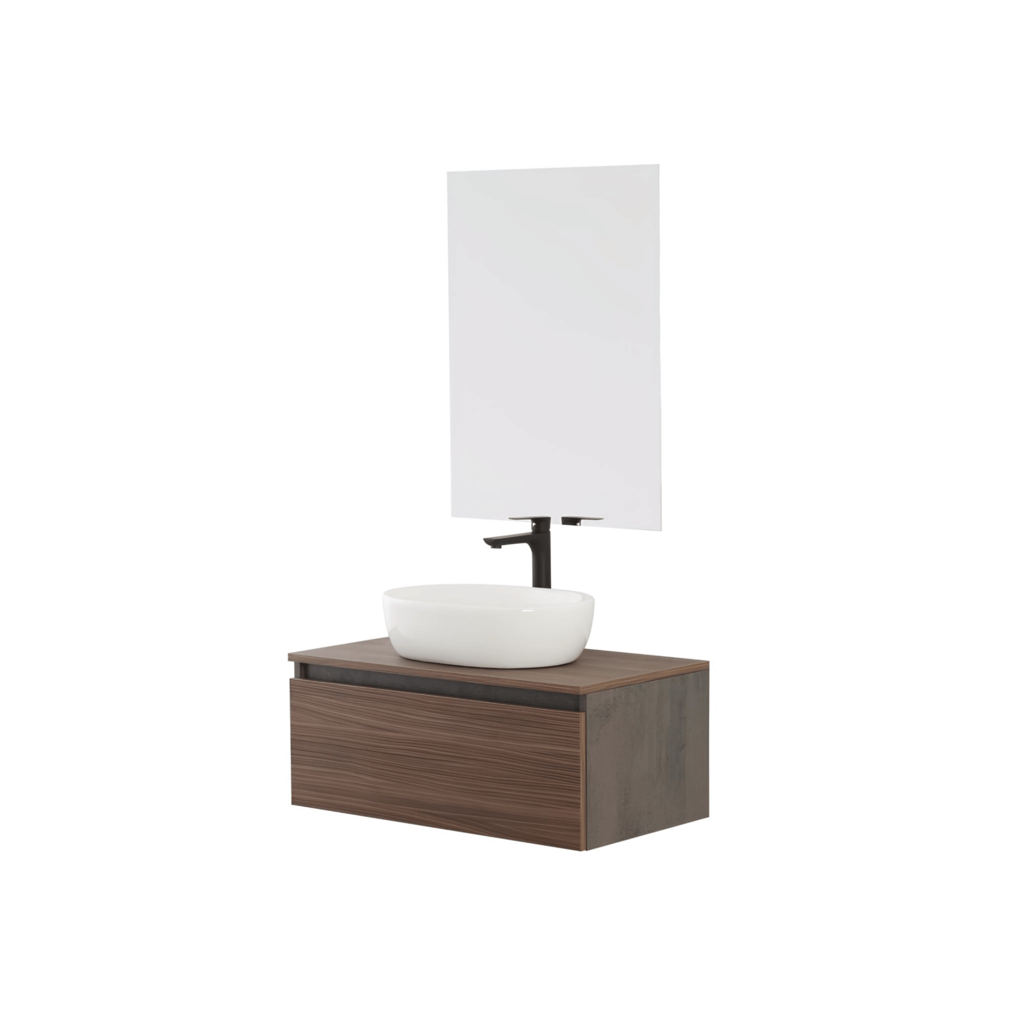 Mobile Bagno Sospeso 80 Cm Un Cassetto Specchio Feridras "Revital" Ossido Grigio/Noce Canaletto - Dabicasa