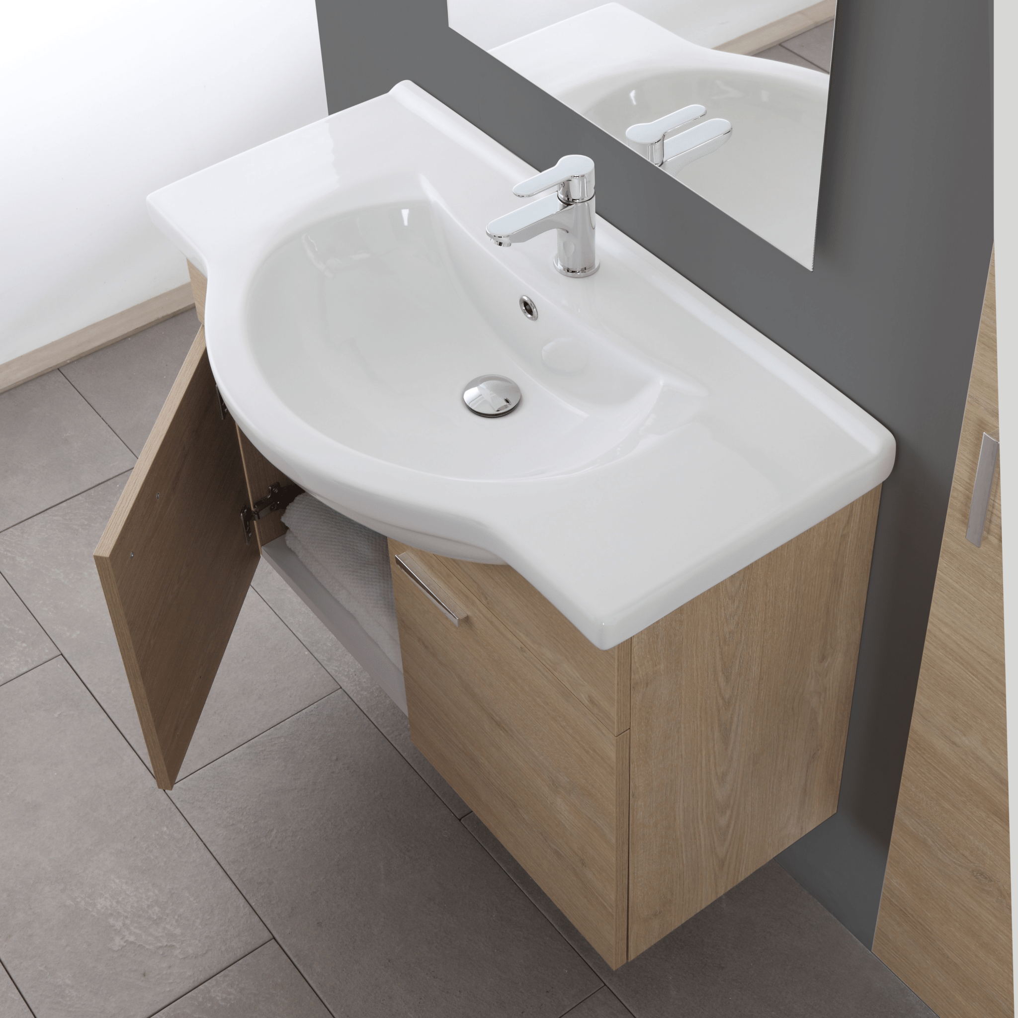 Mobile Bagno Sospeso 85 Cm Due Ante Specchio Feridras "Stella" Rovere Dolomite - Dabicasa