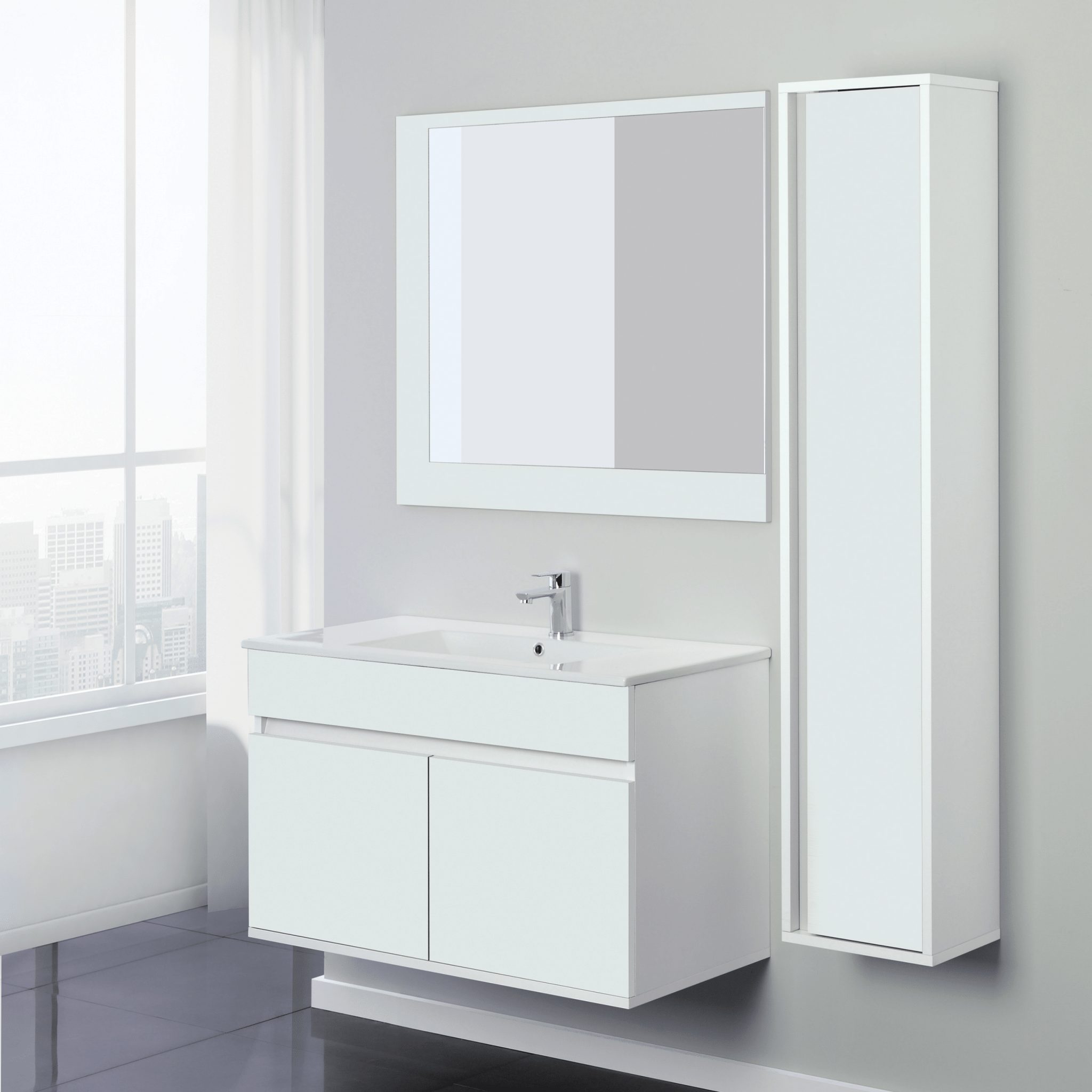 Mobile Bagno Sospeso 90 Cm Due Ante Specchio Feridras "Fabula" Bianco Opaco/Bianco Laccato - Dabicasa