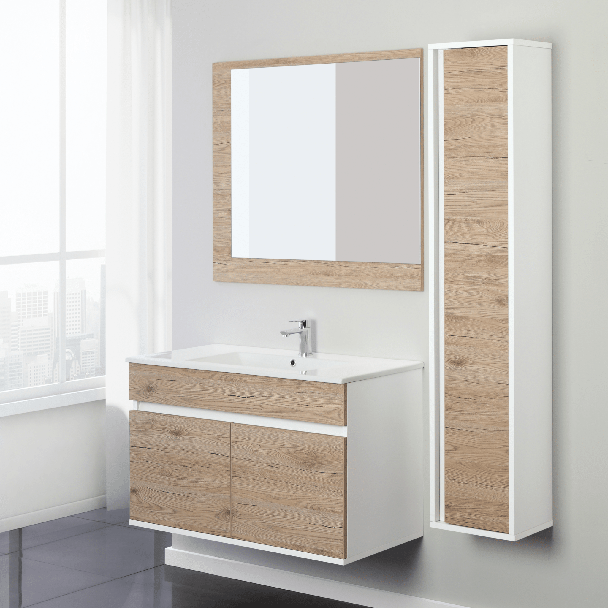 Mobile Bagno Sospeso 90 Cm Due Ante Specchio Feridras "Fabula" Bianco/Rovere Di Bordeaux - Dabicasa