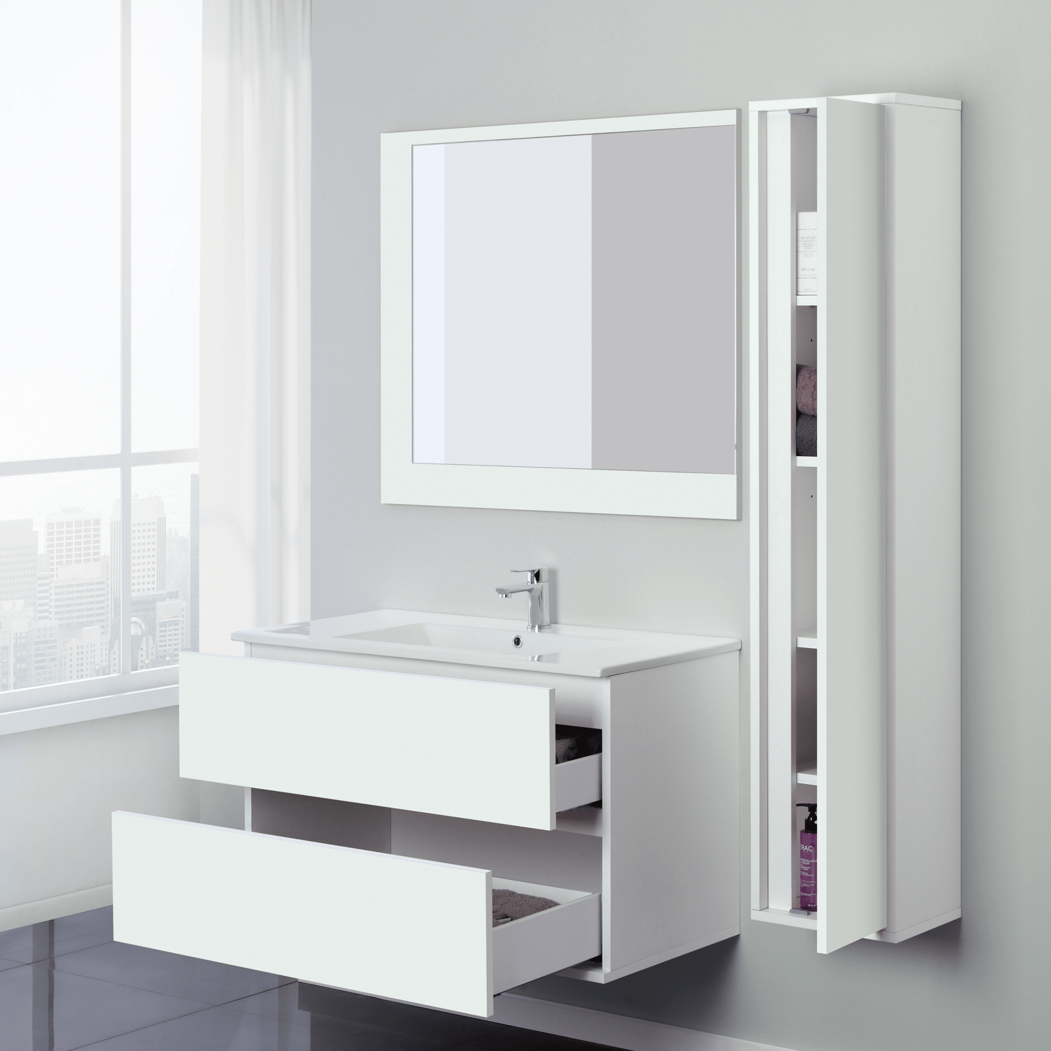 Mobile Bagno Sospeso 90 Cm Due Cassetti Specchio Feridras "Fabula" Bianco Opaco/Bianco Lucido - Dabicasa