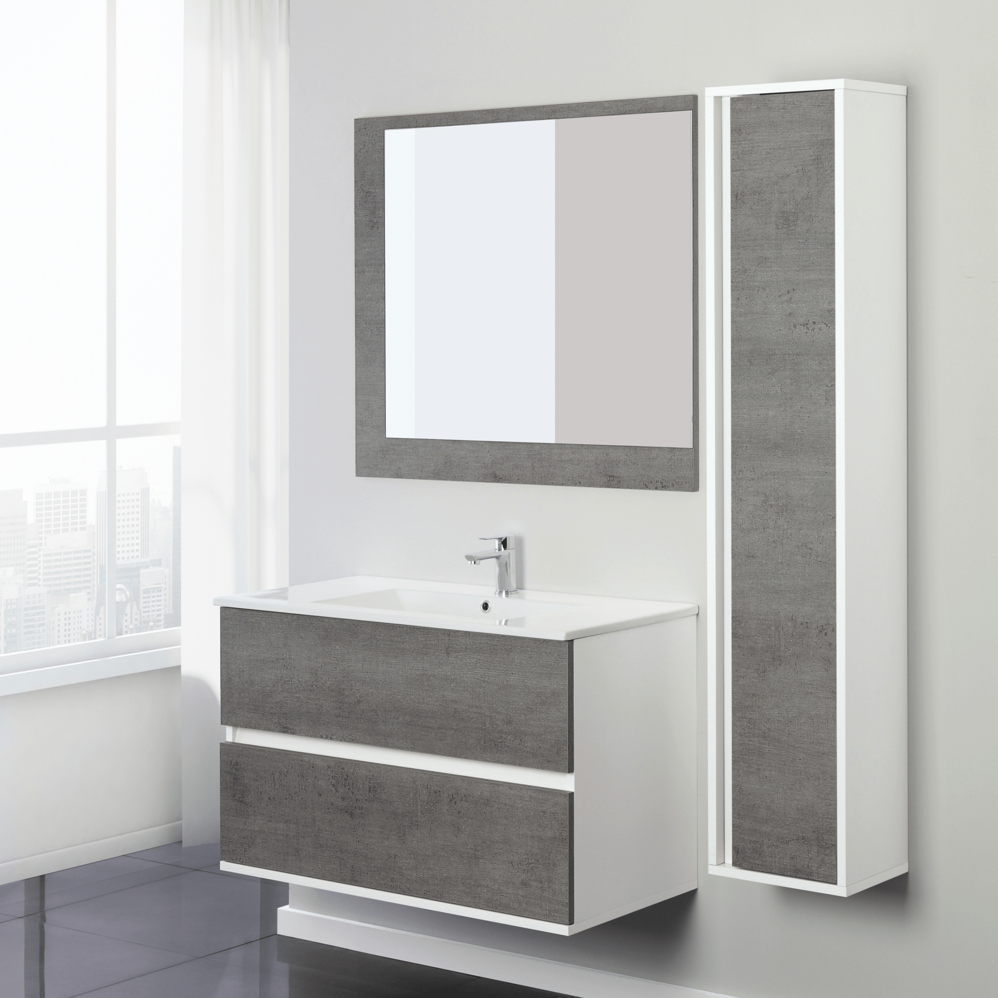 Mobile Bagno Sospeso 90 Cm Due Cassetti Specchio Feridras "Fabula" Bianco/Cemento - Dabicasa