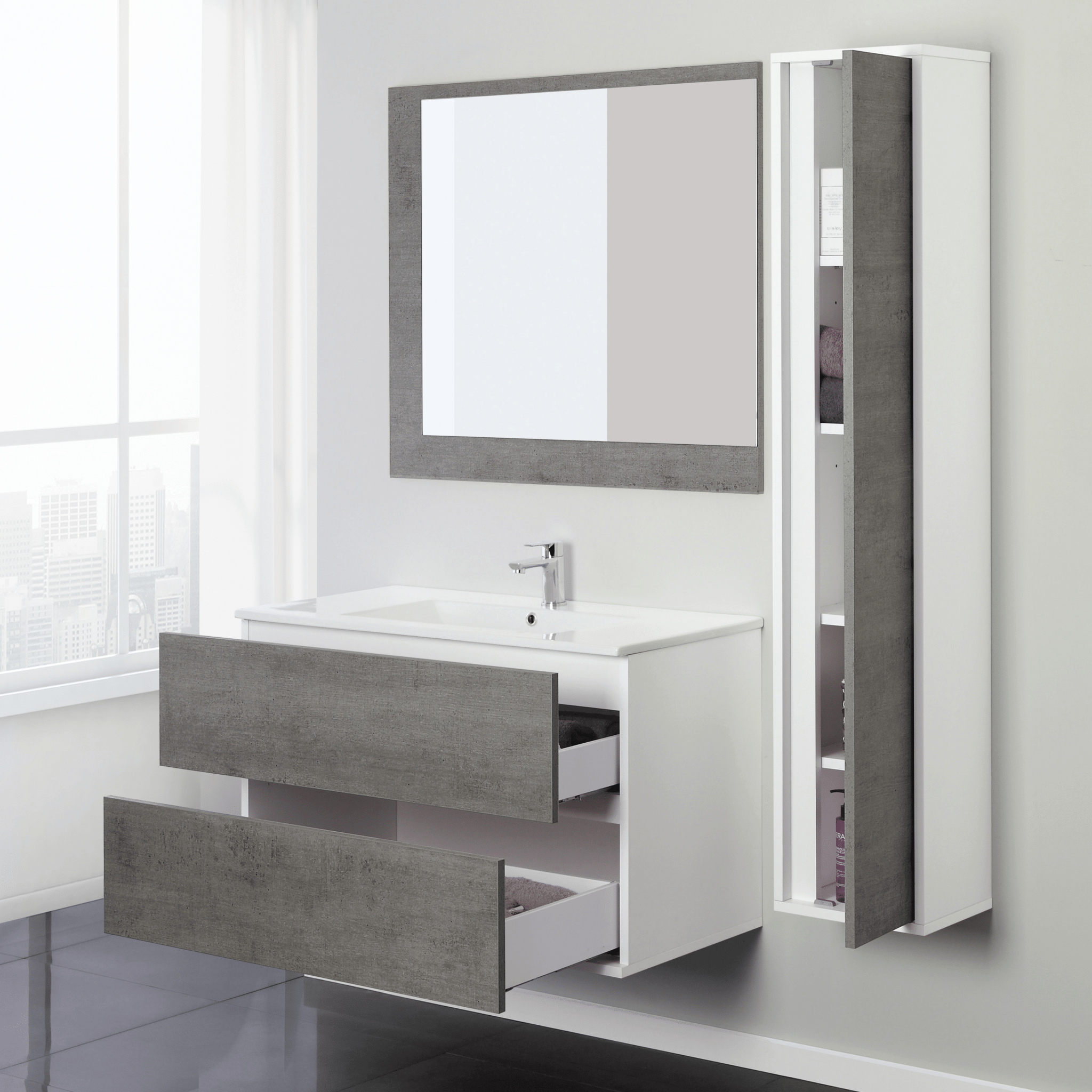 Mobile Bagno Sospeso 90 Cm Due Cassetti Specchio Feridras "Fabula" Bianco/Cemento - Dabicasa