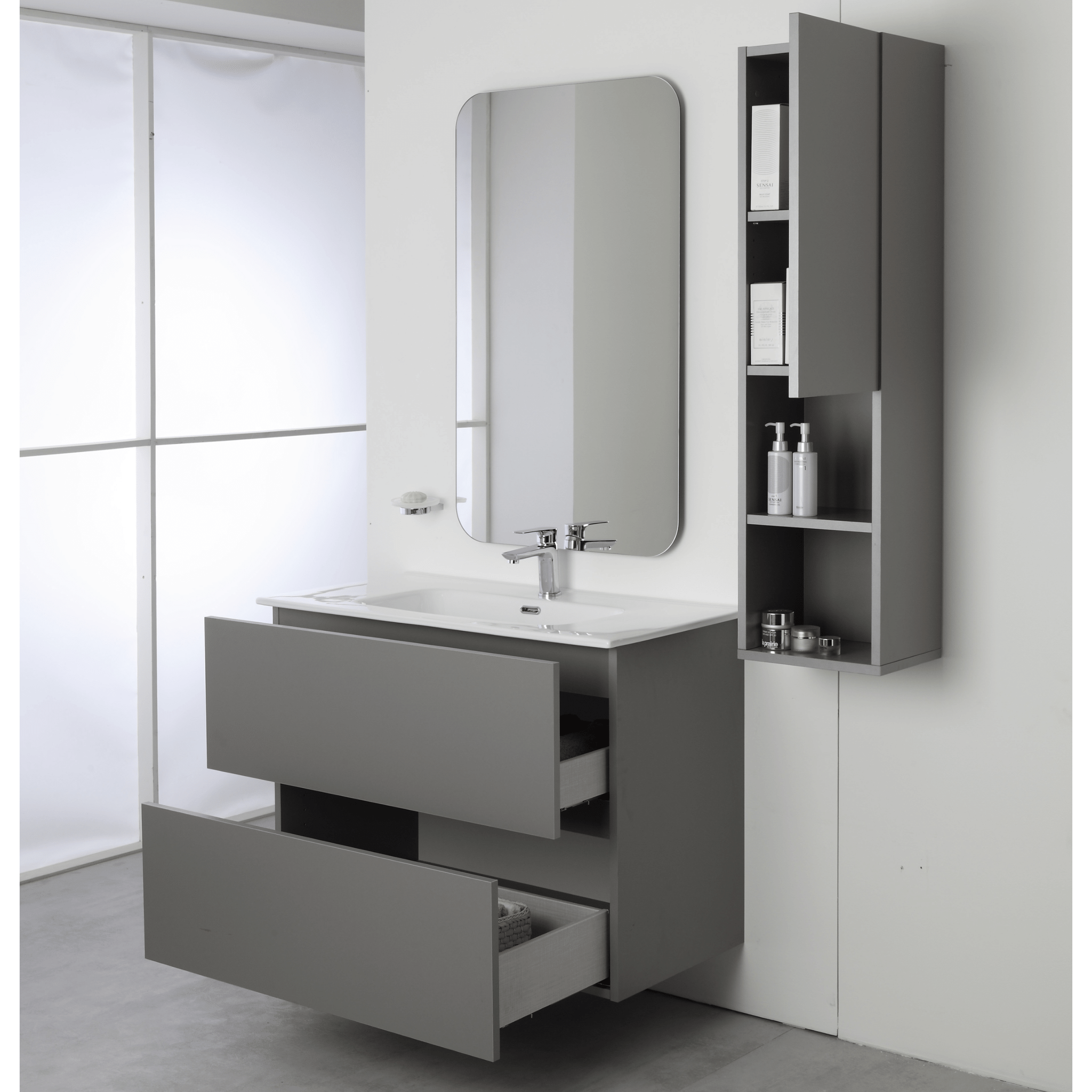 Mobile Bagno Sospeso 90 Cm Due Cassetti Specchio Feridras "Pastello" Grigio Medio - Dabicasa