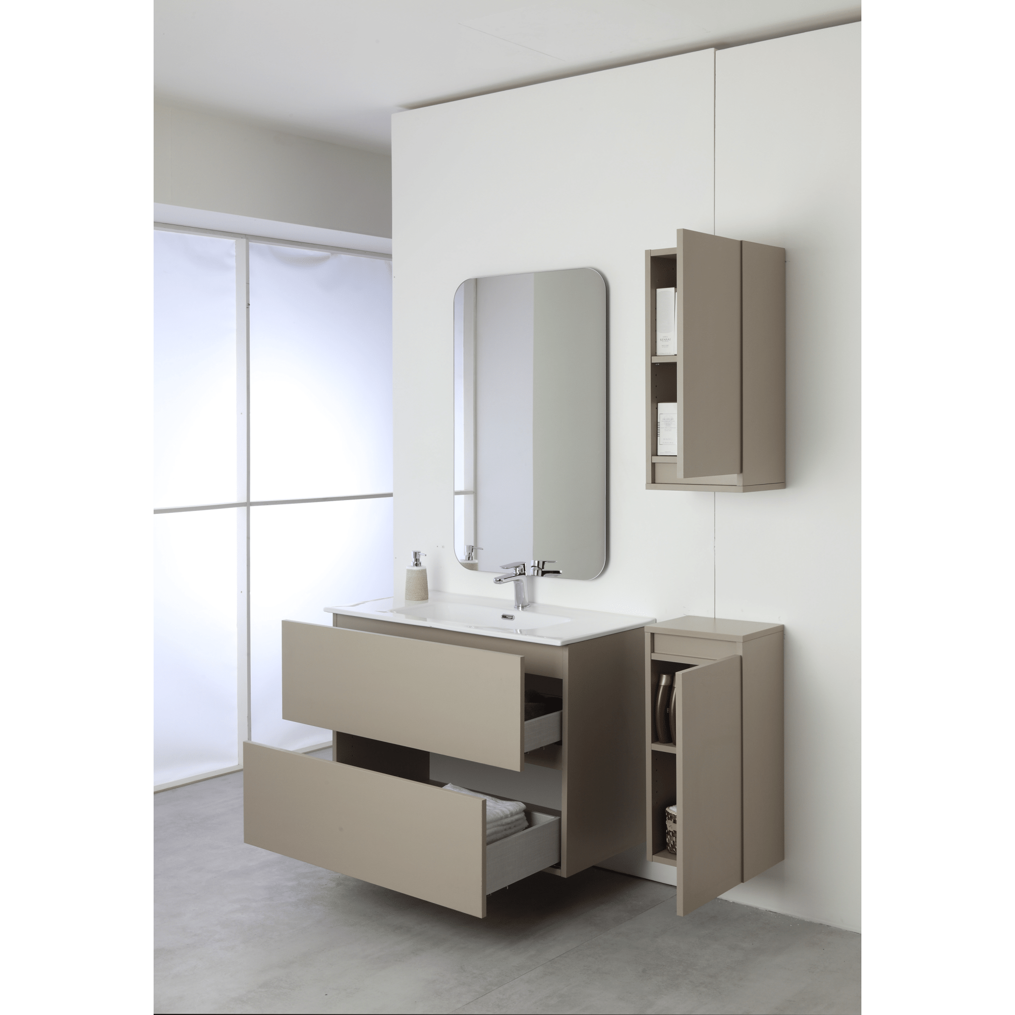 Mobile Bagno Sospeso 90 Cm Due Cassetti Specchio Feridras "Pastello" Tortora - Dabicasa