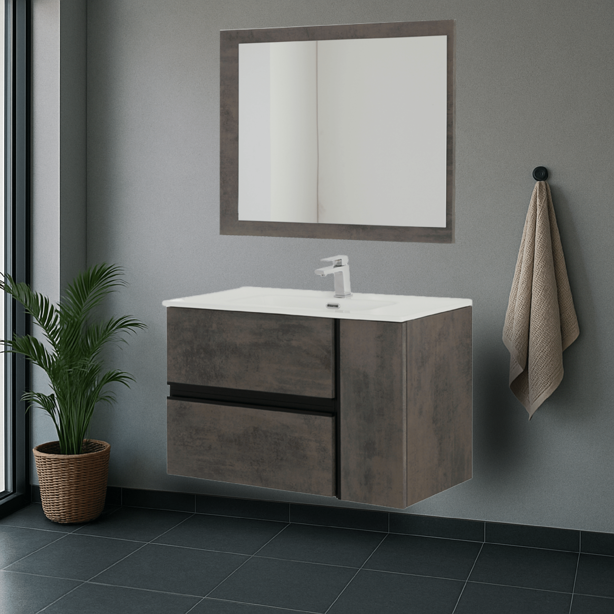 Mobile Bagno Sospeso 90 Cm Due Cassetti Un'Anta Specchio Su Pannello 90x70 Cm Feridras "Oxid" Ossido Grigio - Dabicasa