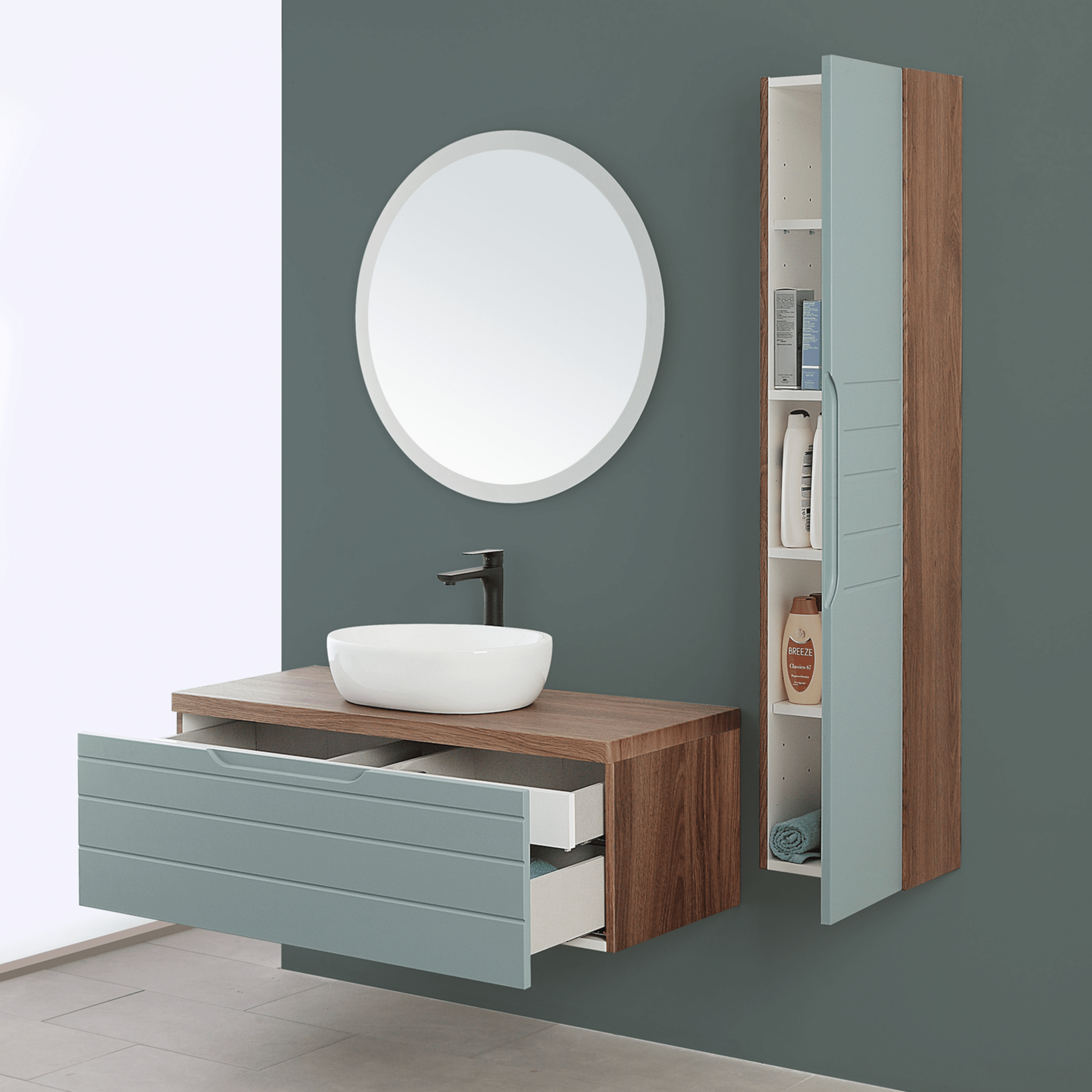 Mobile Bagno Sospeso 90 Cm Un Cassetto Specchio Con Illuminazione Led Feridras "Amalfi" Noce Canaletto/Verde Salvia - Dabicasa