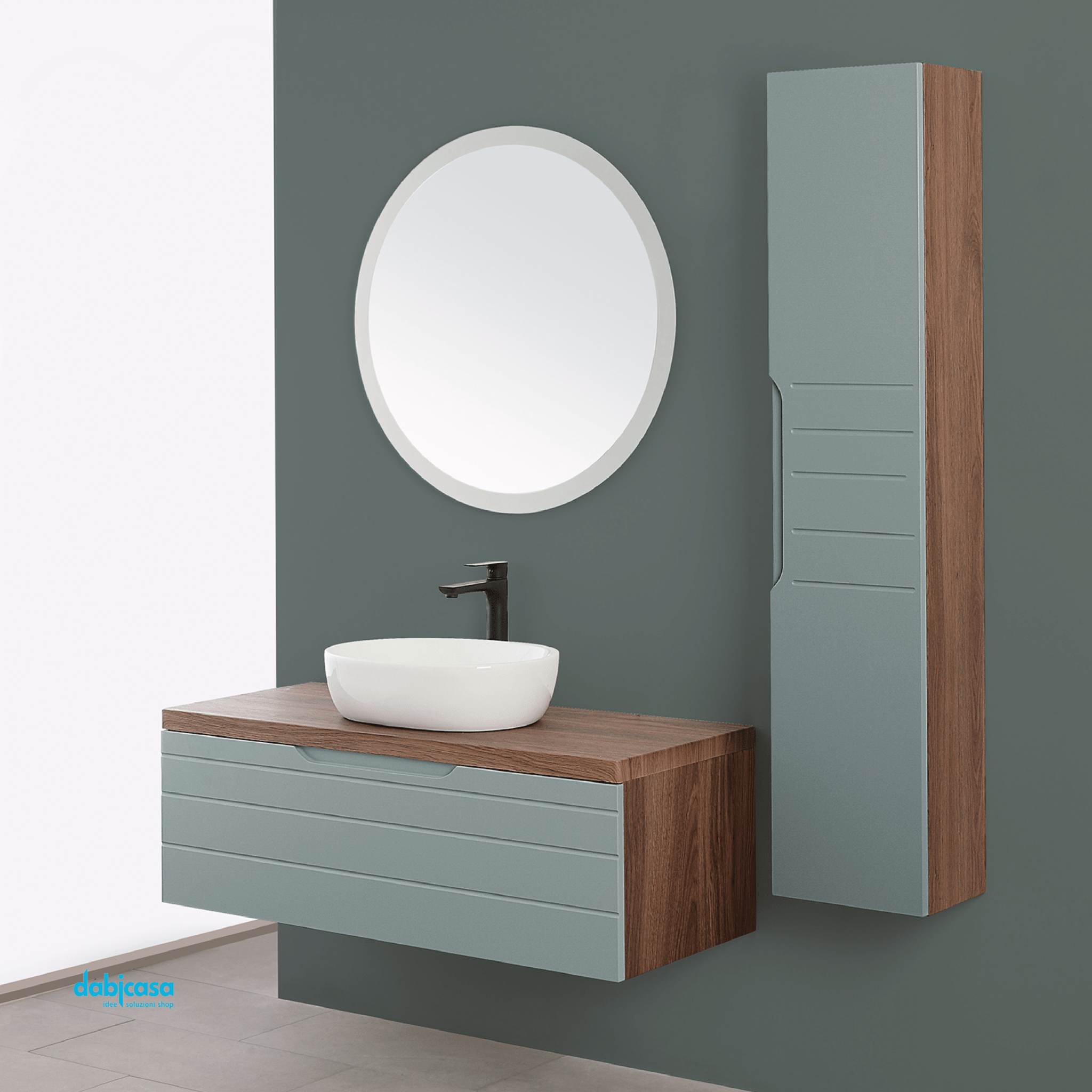 Mobile Bagno Sospeso "Amalfi" Da 110 Cm Composto Da Un Cassetto Lavabo E Specchio Finitura Noce Canaletto/Verde Salvia - Dabicasa