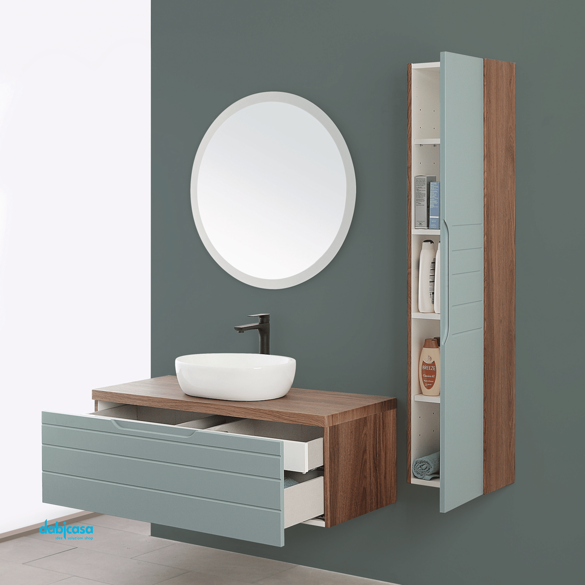 Mobile Bagno Sospeso "Amalfi" Da 90 Cm Composto Da Un Cassetto Lavabo E Specchio Finitura Noce Canaletto/Verde Salvia - Dabicasa