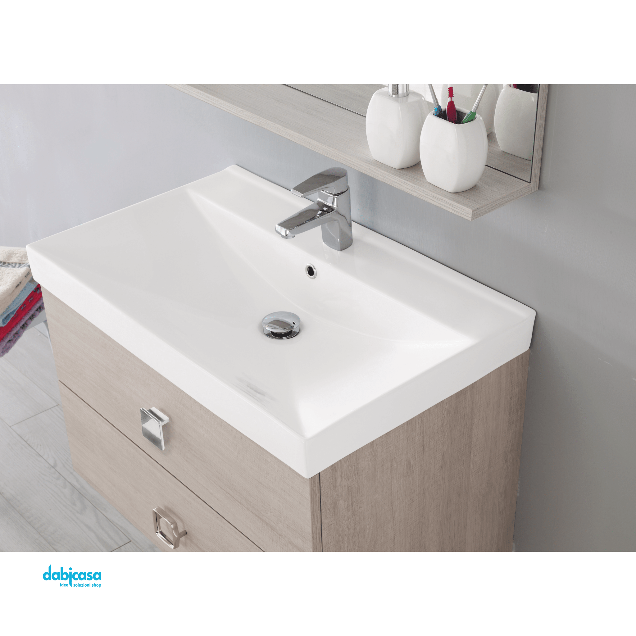 Mobile Bagno Sospeso "Bravo" Da 75 Cm Composto Da Due Cassetti Lavabo E Specchio Finitura Rovere Chiaro - Dabicasa