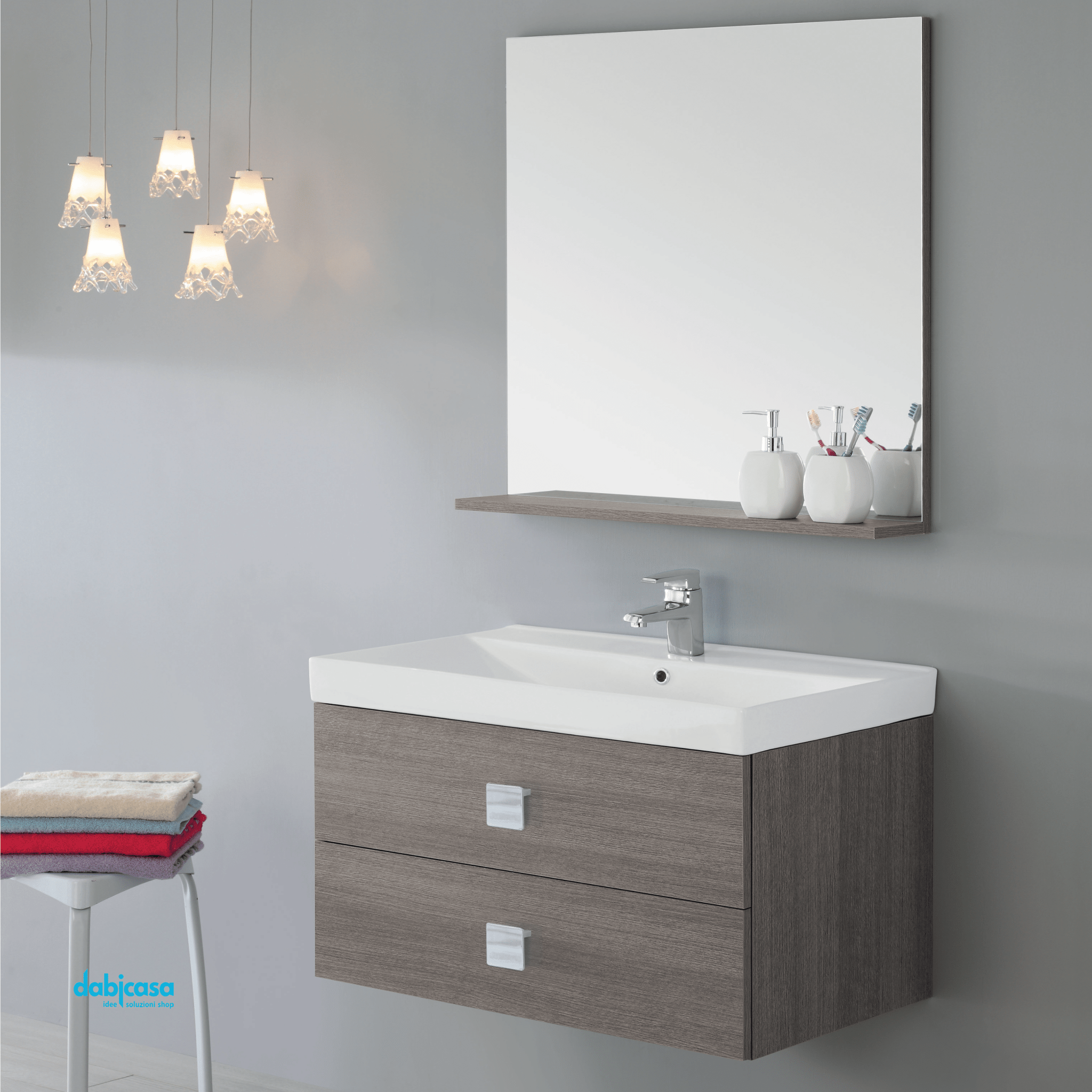 Mobile Bagno Sospeso "Bravo" Da 75 Cm Composto Da Due Cassetti Lavabo E Specchio Finitura Rovere Scuro - Dabicasa