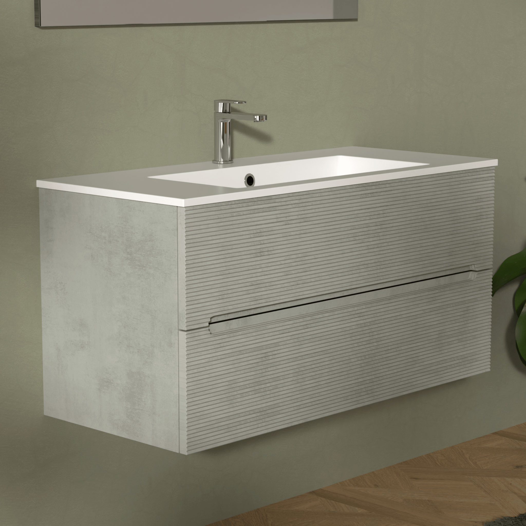 Mobile Bagno Sospeso Cannettato 100 Cm Due Cassetti Specchio Con Lampada Led 70x100 Cm "Rigo" Grigio Caldo - Dabicasa