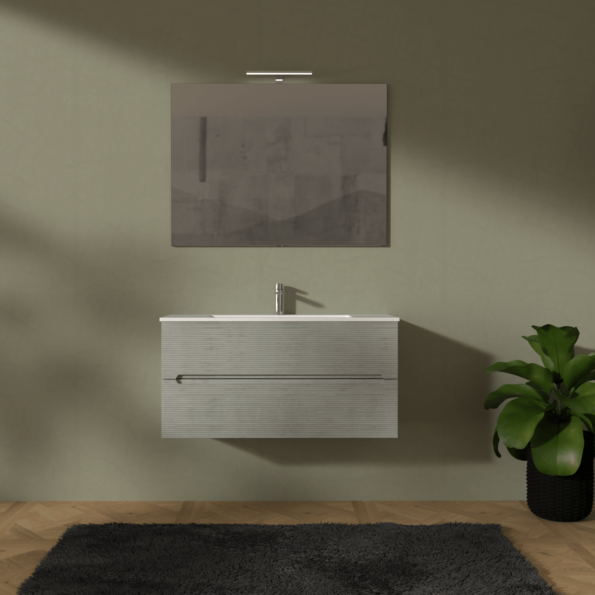Mobile Bagno Sospeso Cannettato 100 Cm Due Cassetti Specchio Con Lampada Led 70x100 Cm "Rigo" Grigio Caldo - Dabicasa