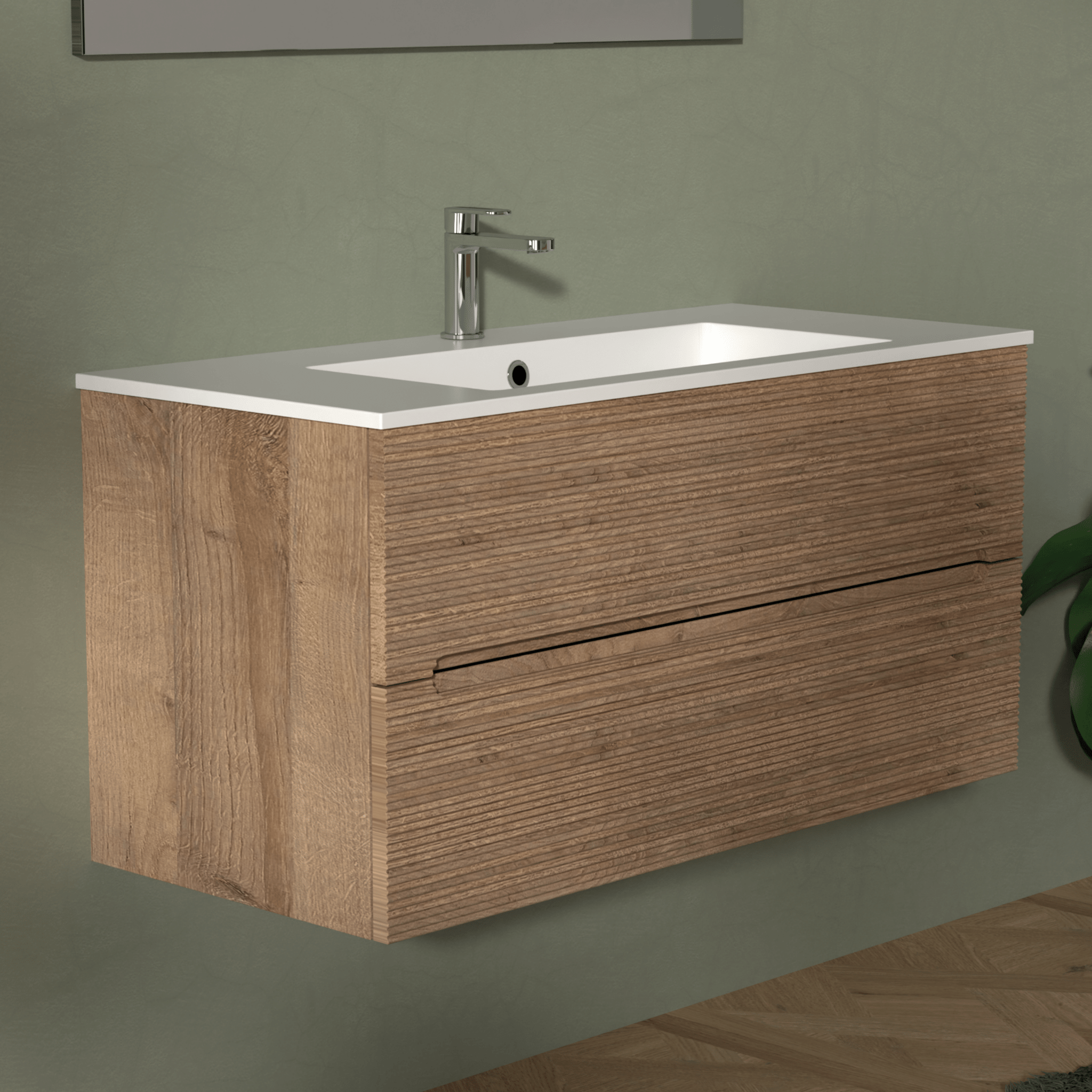Mobile Bagno Sospeso Cannettato 100 Cm Due Cassetti Specchio Con Lampada Led 70x100 Cm "Rigo" Rovere Farnia - Dabicasa
