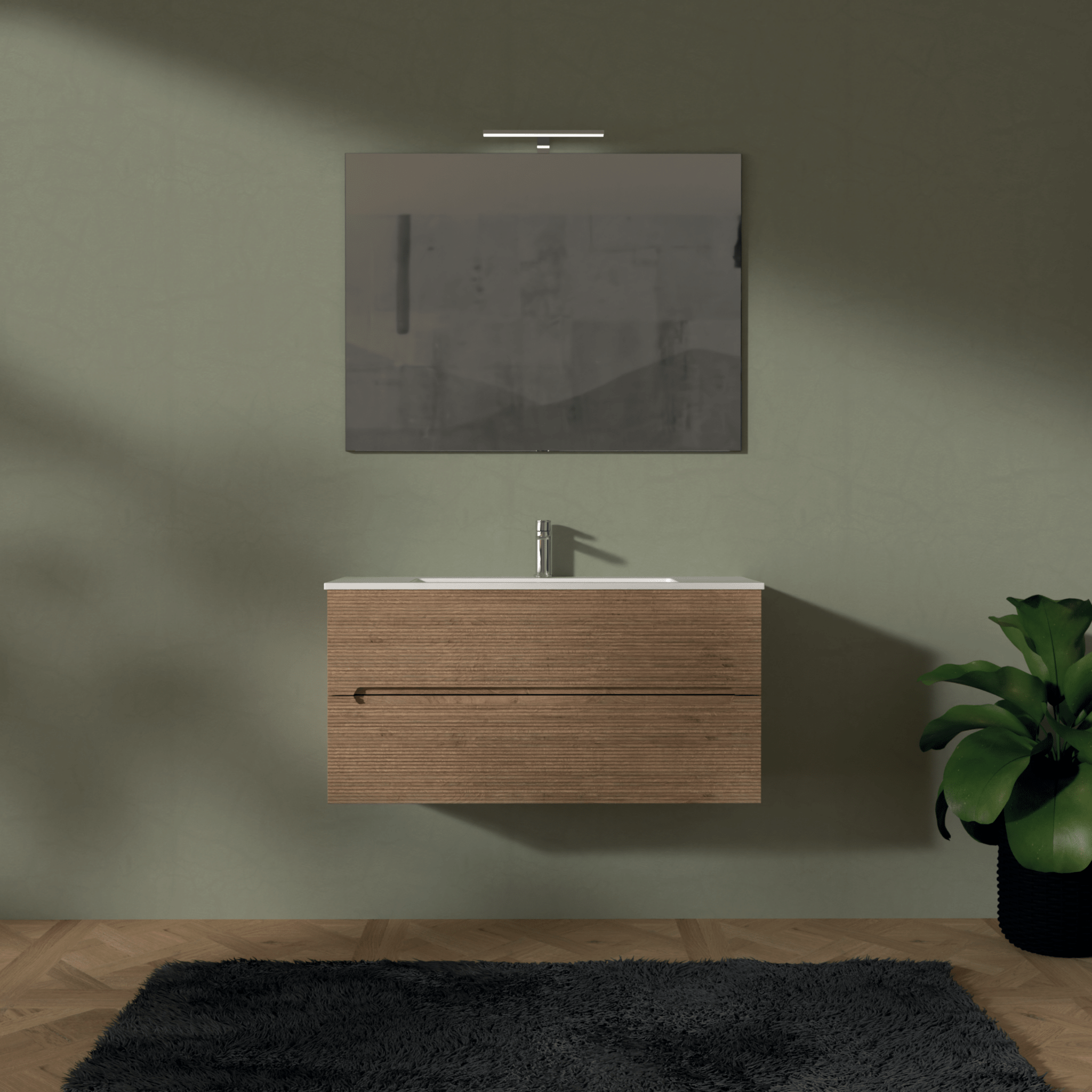 Mobile Bagno Sospeso Cannettato 100 Cm Due Cassetti Specchio Con Lampada Led 70x100 Cm "Rigo" Rovere Farnia - Dabicasa