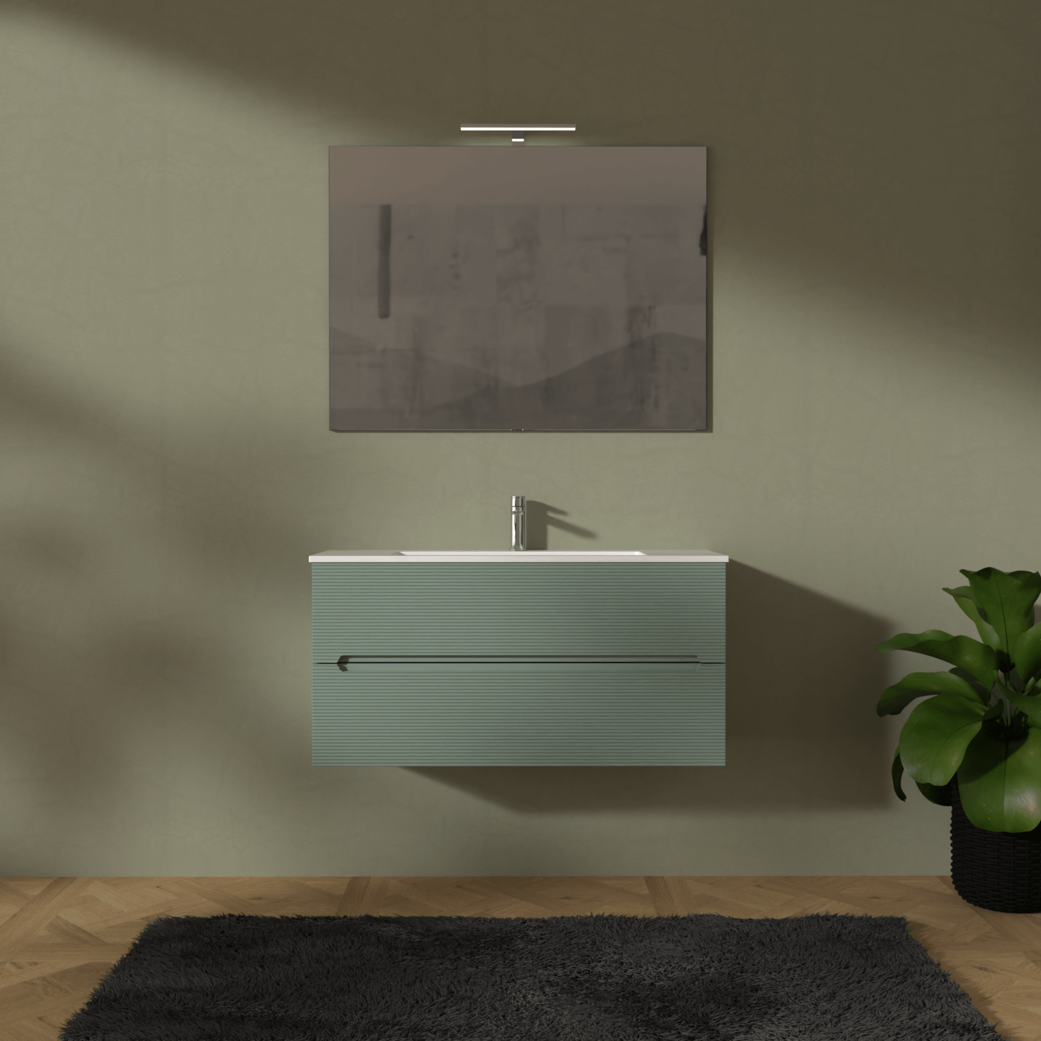 Mobile Bagno Sospeso Cannettato 100 Cm Due Cassetti Specchio Con Lampada Led 70x100 Cm "Rigo" Verde Salvia - Dabicasa