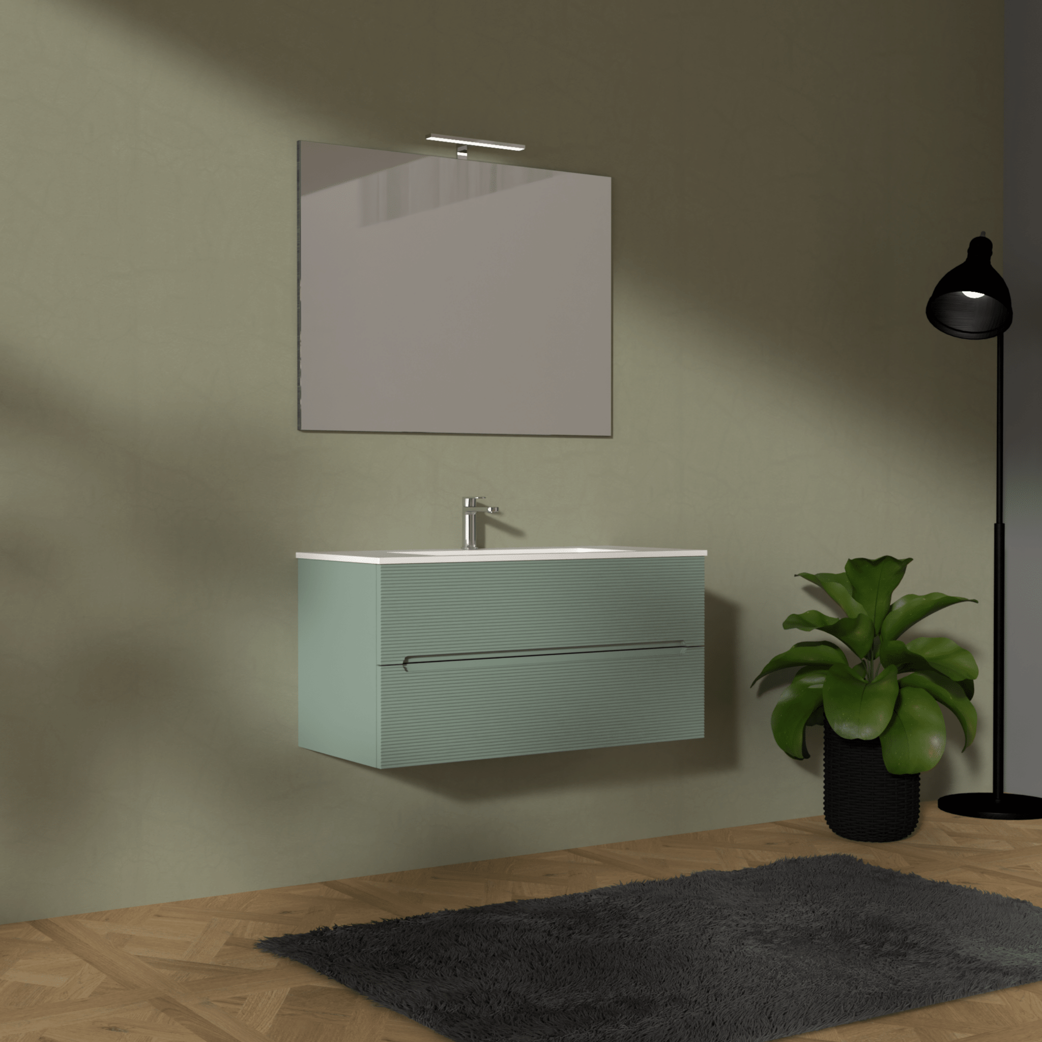 Mobile Bagno Sospeso Cannettato 100 Cm Due Cassetti Specchio Con Lampada Led 70x100 Cm "Rigo" Verde Salvia - Dabicasa