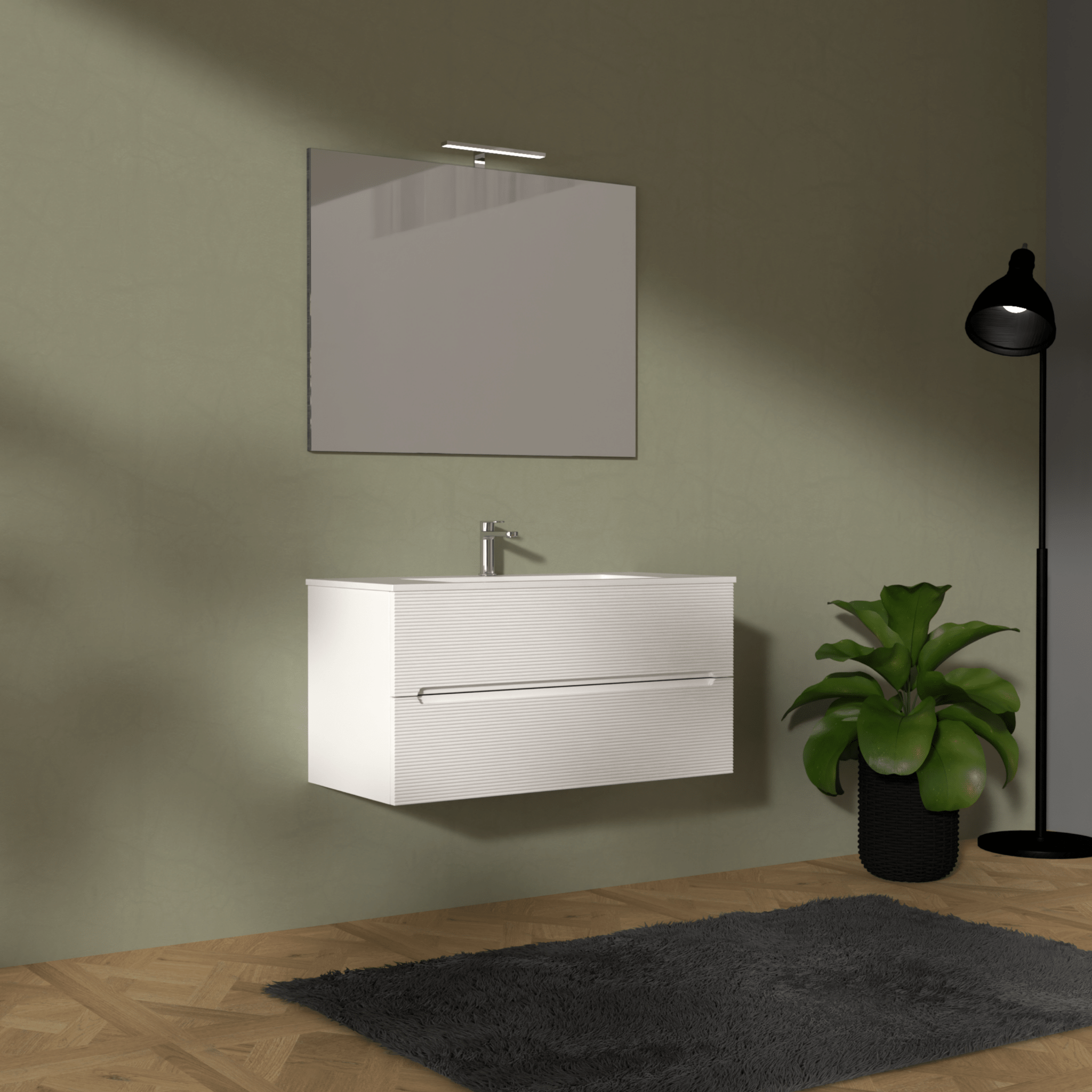 Mobile Bagno Sospeso Cannettato 100 Cm Due Cassetti Specchio Con Lampada Led 70x100 Cm "Rigo" Verde Salvia - Dabicasa