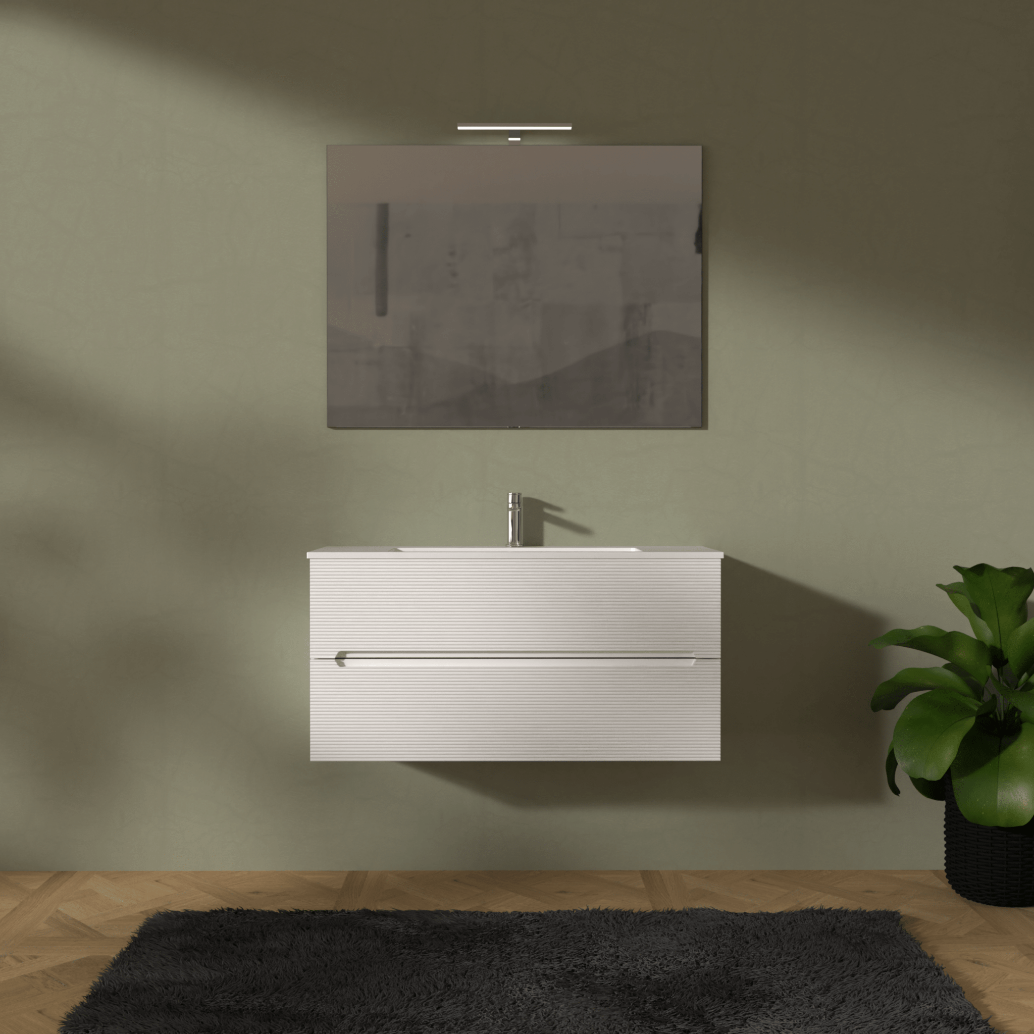 Mobile Bagno Sospeso Cannettato 100 Cm Due Cassetti Specchio Con Lampada Led 70x100 Cm "Rigo" Verde Salvia - Dabicasa