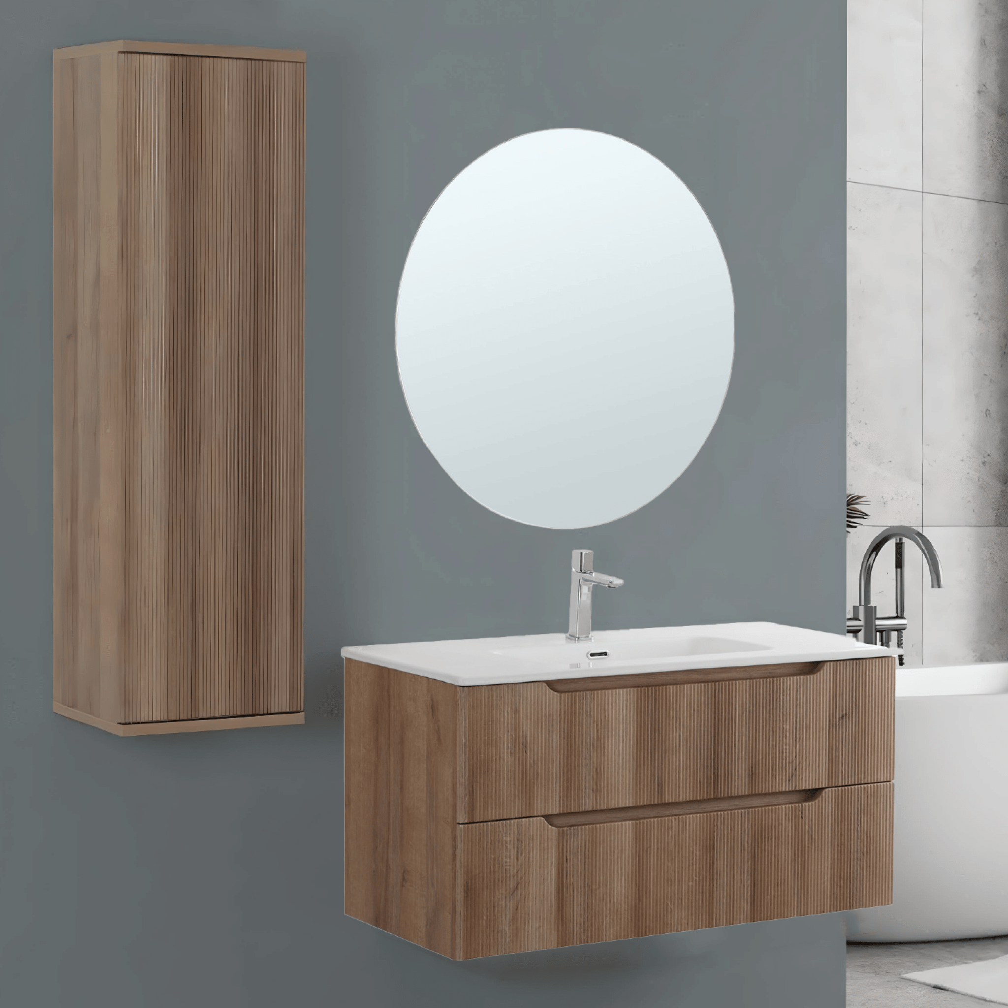 Mobile Bagno Sospeso Cannettato 100 Cm Due Cassetti Specchio Feridras "Kannè" Rovere Riviera - Dabicasa