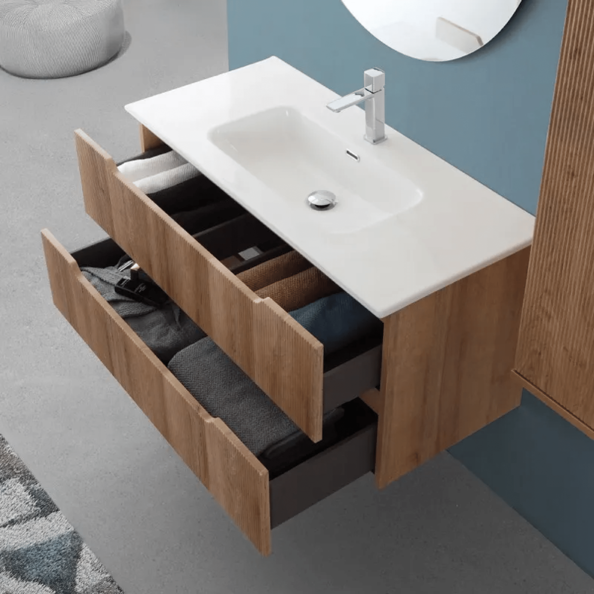 Mobile Bagno Sospeso Cannettato 100 Cm Due Cassetti Specchio Feridras "Kannè" Rovere Riviera - Dabicasa
