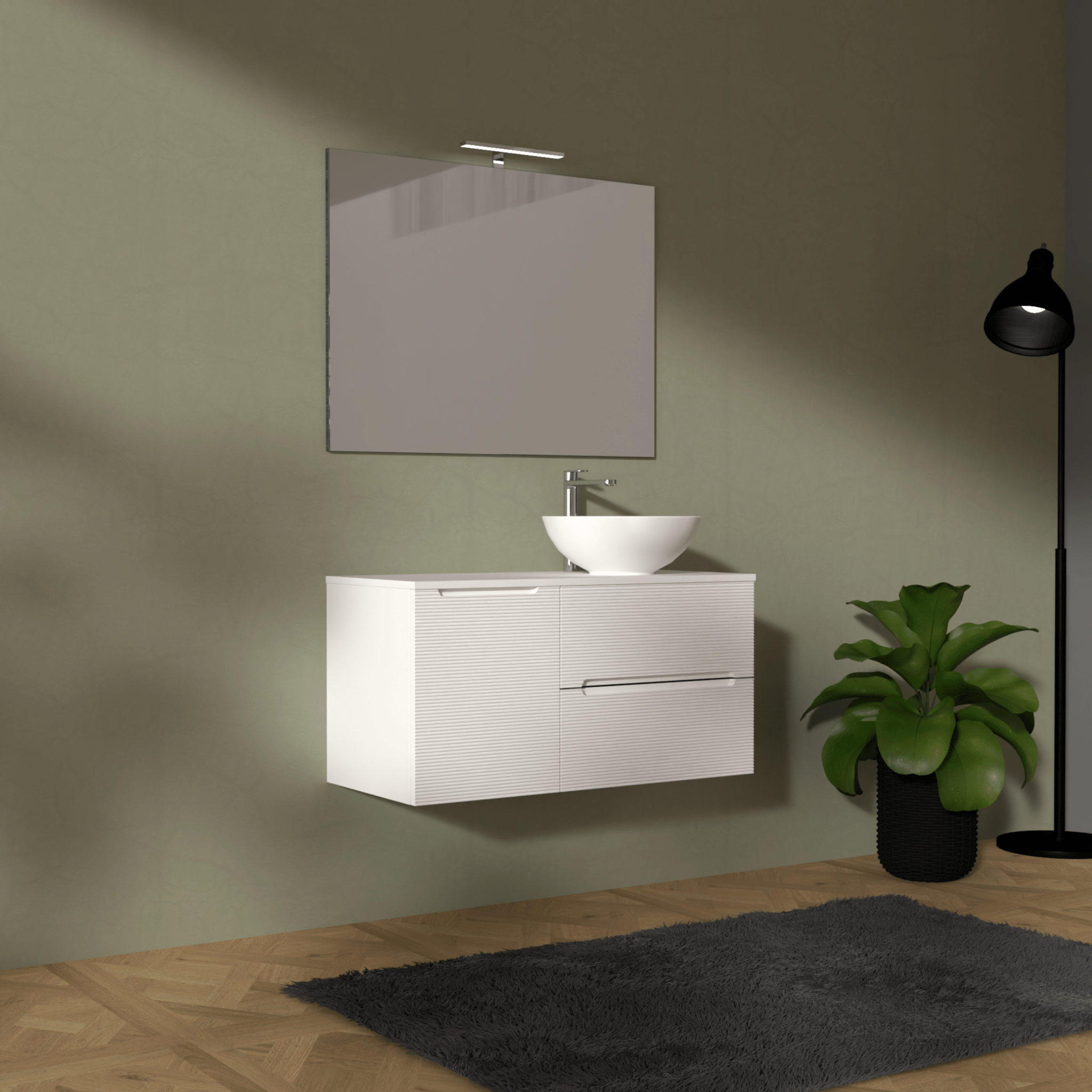 Mobile Bagno Sospeso Cannettato 100 Cm Due Cassetti Un'Anta e Top Specchio Con Lampada Led 70x100 Cm AdattoCasa "Rigo" Bianco Neve - Dabicasa