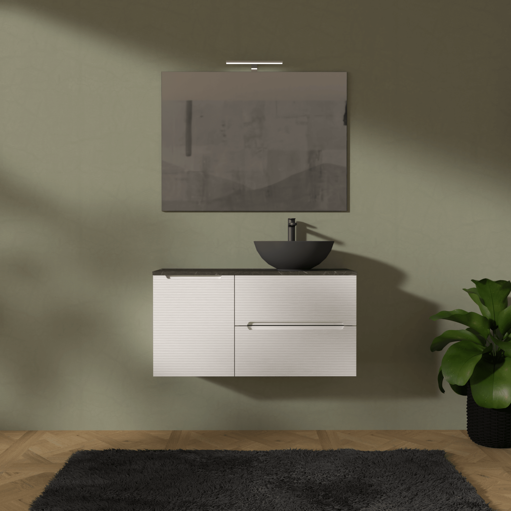 Mobile Bagno Sospeso Cannettato 100 Cm Due Cassetti Un'Anta e Top Specchio Con Lampada Led 70x100 Cm AdattoCasa "Rigo" Bianco Neve/Grigio Italia - Dabicasa