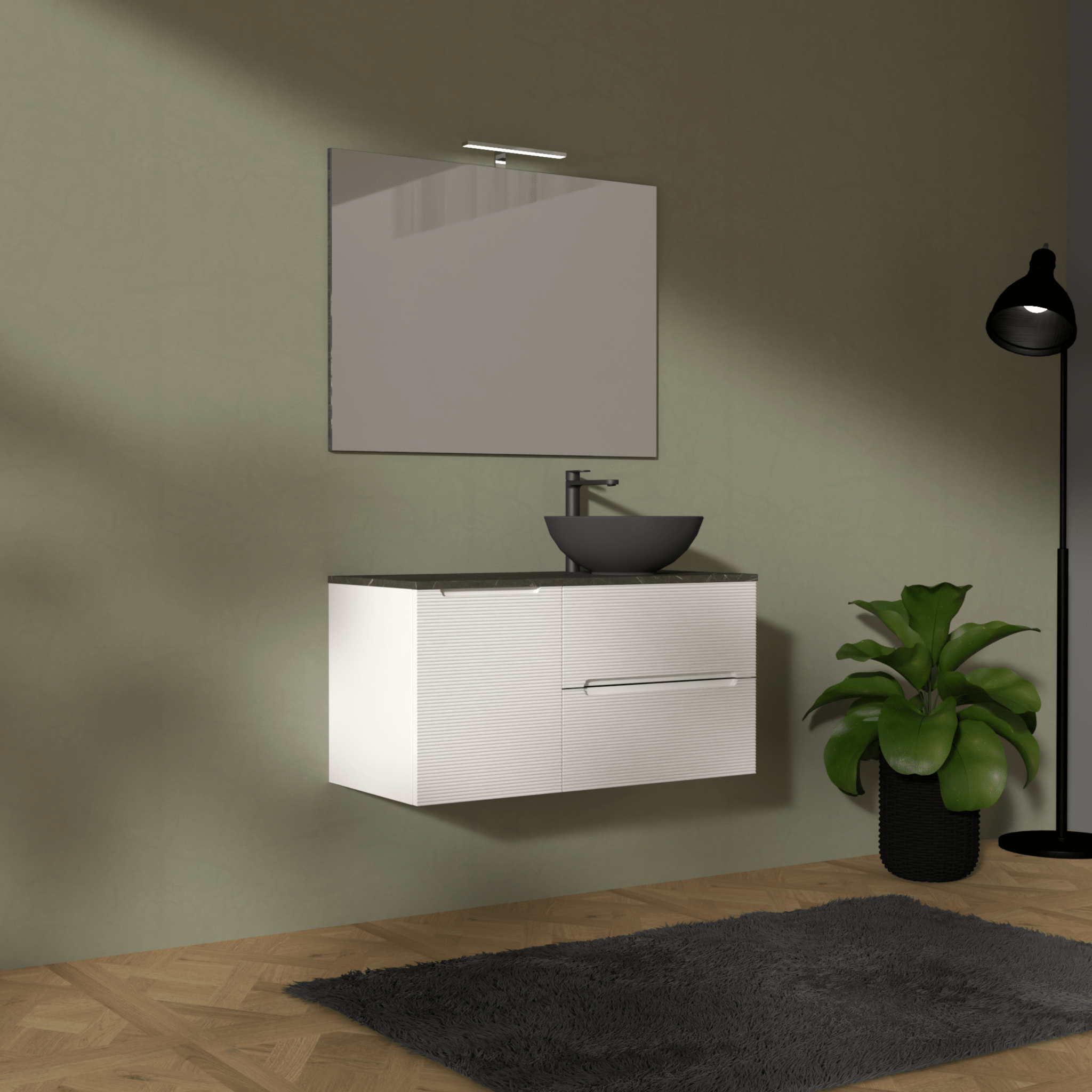Mobile Bagno Sospeso Cannettato 100 Cm Due Cassetti Un'Anta e Top Specchio Con Lampada Led 70x100 Cm AdattoCasa "Rigo" Bianco Neve/Grigio Italia - Dabicasa