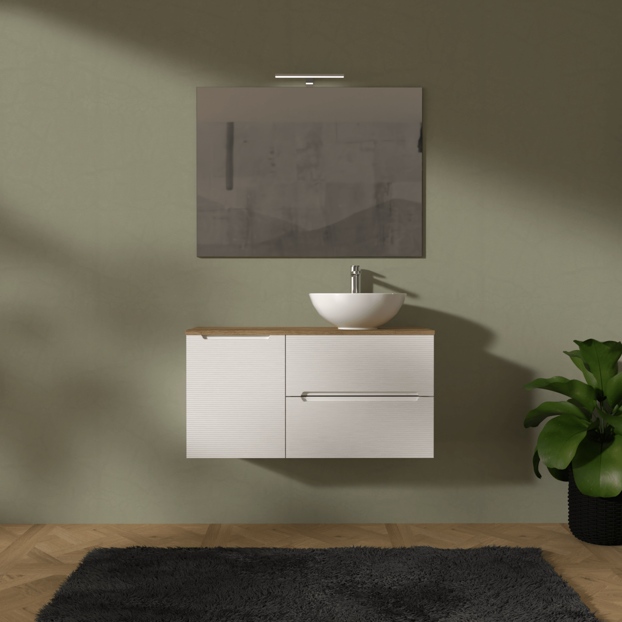 Mobile Bagno Sospeso Cannettato 100 Cm Due Cassetti Un'Anta e Top Specchio Con Lampada Led 70x100 Cm AdattoCasa "Rigo" Bianco Neve/Rovere Farnia - Dabicasa