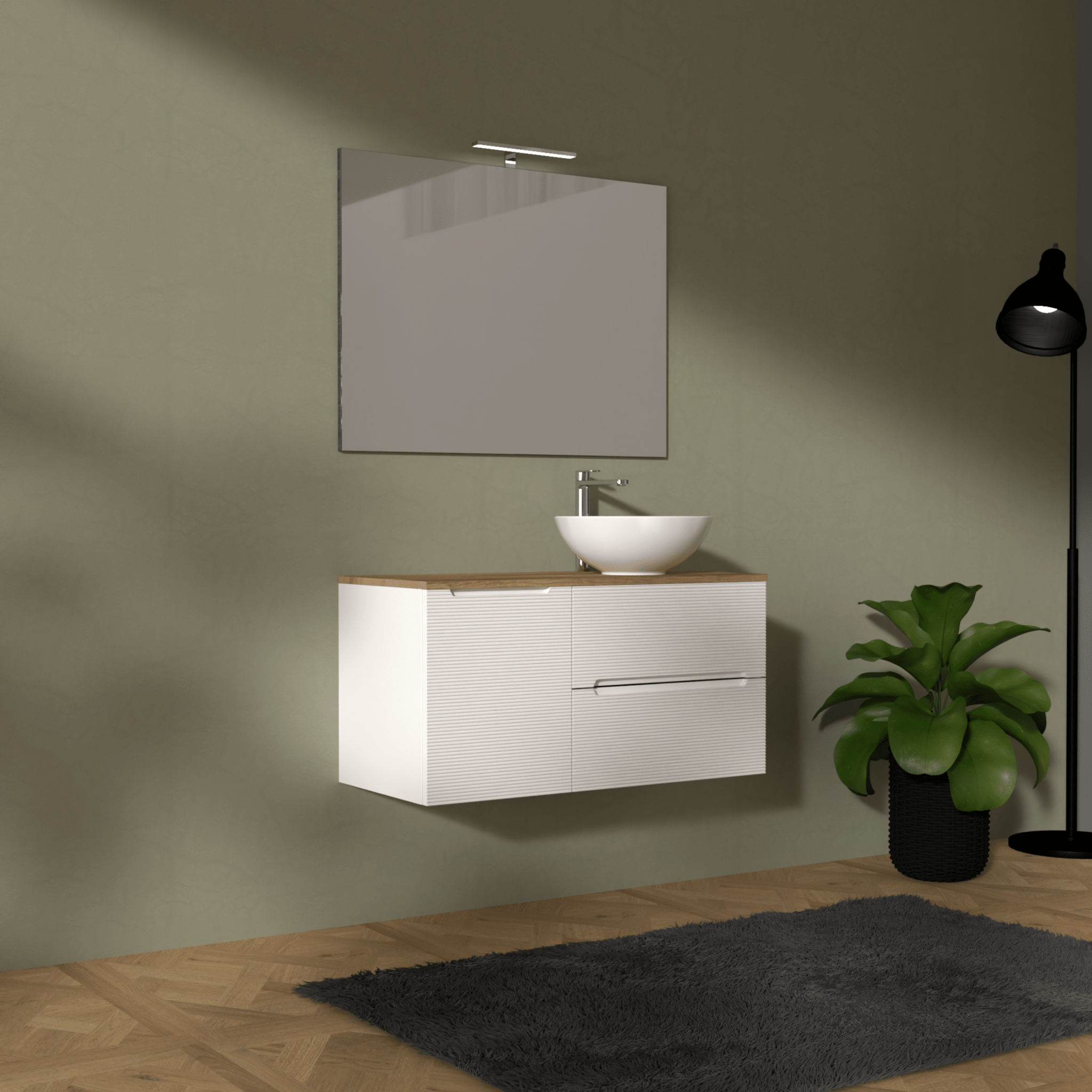 Mobile Bagno Sospeso Cannettato 100 Cm Due Cassetti Un'Anta e Top Specchio Con Lampada Led 70x100 Cm AdattoCasa "Rigo" Bianco Neve/Rovere Farnia - Dabicasa