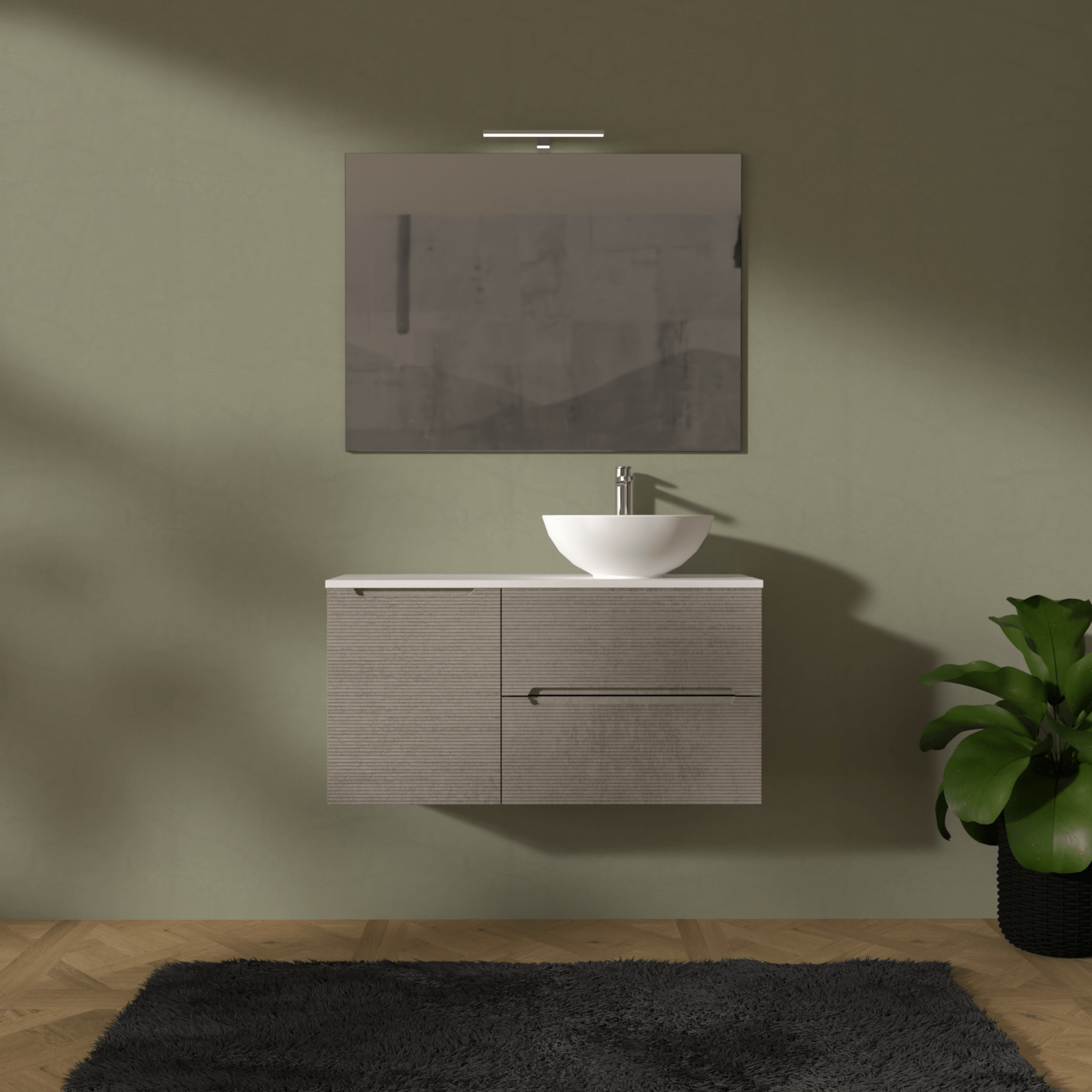 Mobile Bagno Sospeso Cannettato 100 Cm Due Cassetti Un'Anta e Top Specchio Con Lampada Led 70x100 Cm AdattoCasa "Rigo" Grigio Caldo/Bianco Neve - Dabicasa