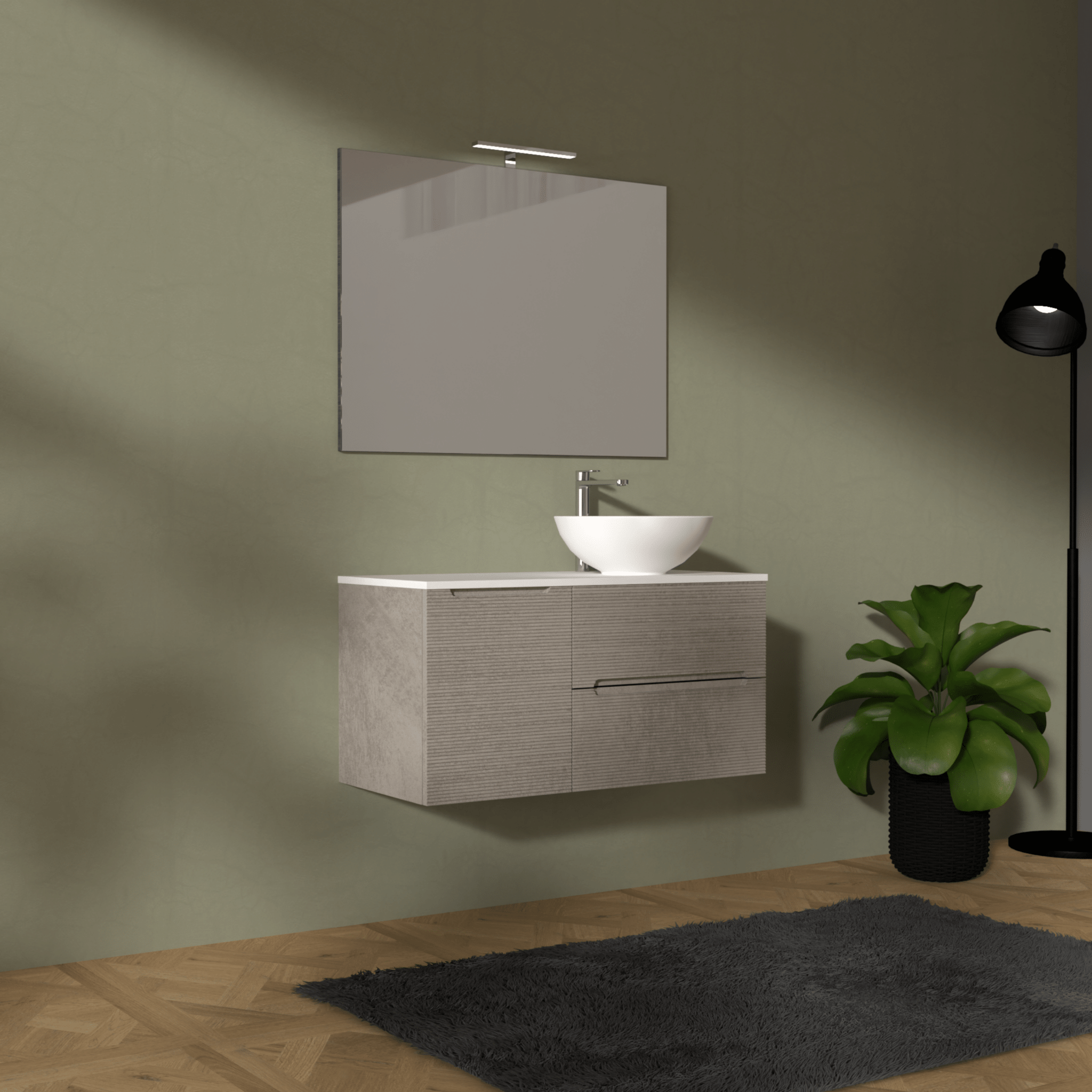 Mobile Bagno Sospeso Cannettato 100 Cm Due Cassetti Un'Anta e Top Specchio Con Lampada Led 70x100 Cm AdattoCasa "Rigo" Grigio Caldo/Bianco Neve - Dabicasa