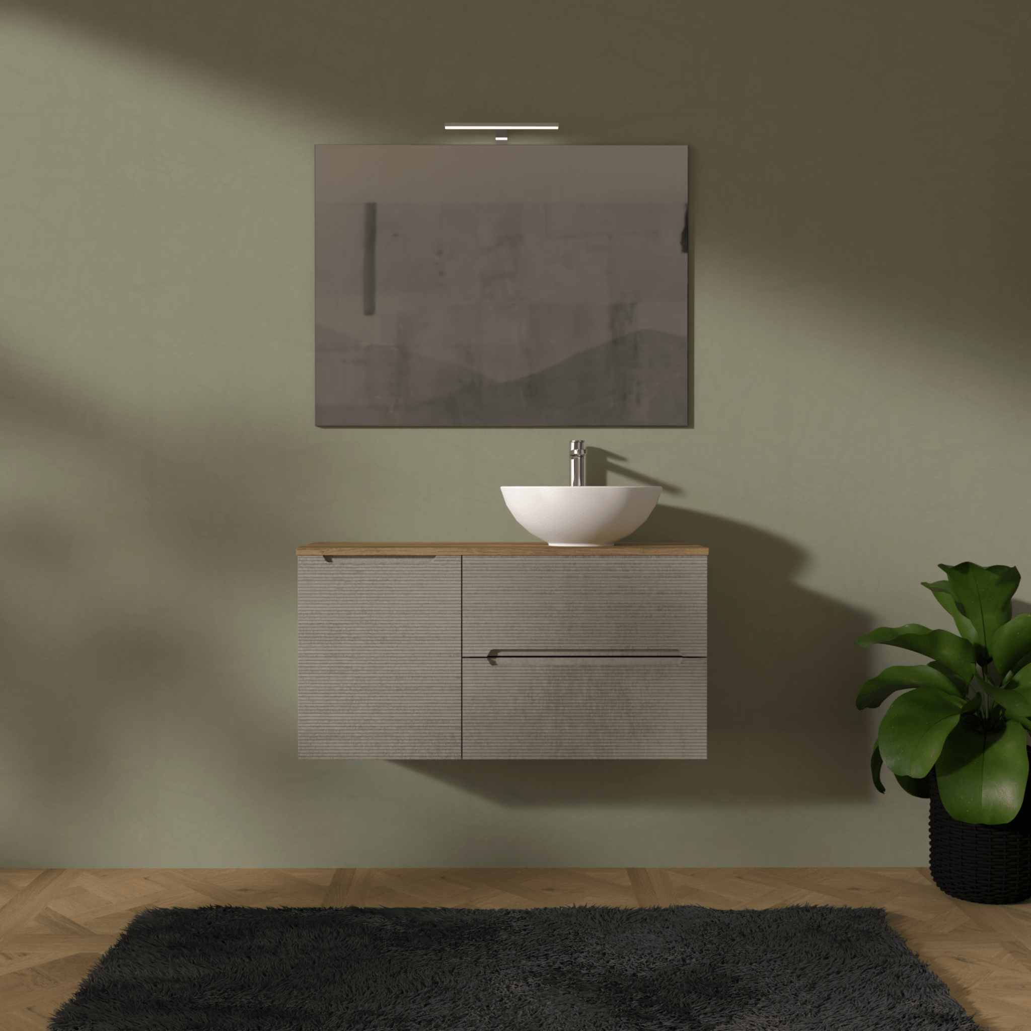 Mobile Bagno Sospeso Cannettato 100 Cm Due Cassetti Un'Anta e Top Specchio Con Lampada Led 70x100 Cm AdattoCasa "Rigo" Grigio Caldo/Rovere Farnia - Dabicasa