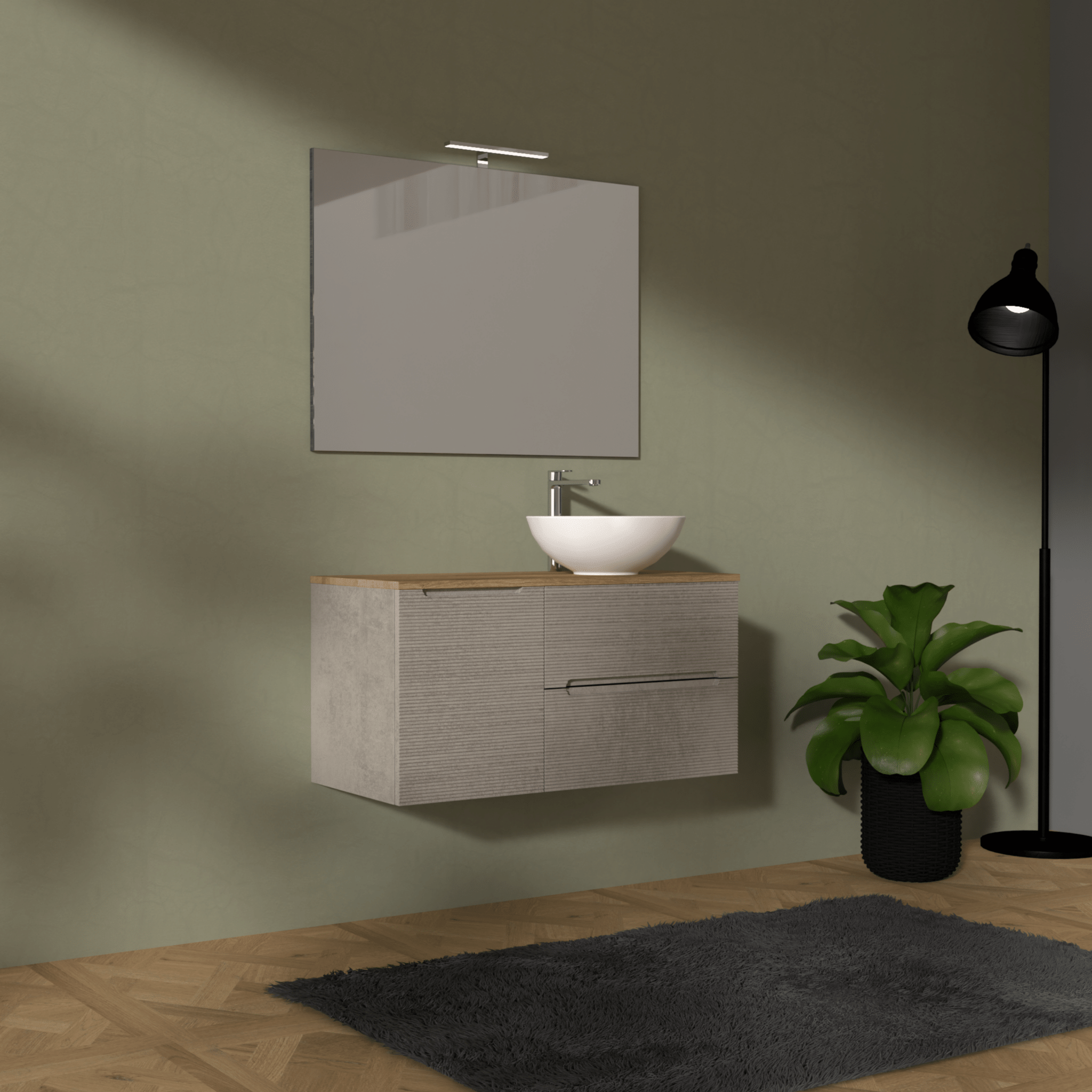 Mobile Bagno Sospeso Cannettato 100 Cm Due Cassetti Un'Anta e Top Specchio Con Lampada Led 70x100 Cm AdattoCasa "Rigo" Grigio Caldo/Rovere Farnia - Dabicasa