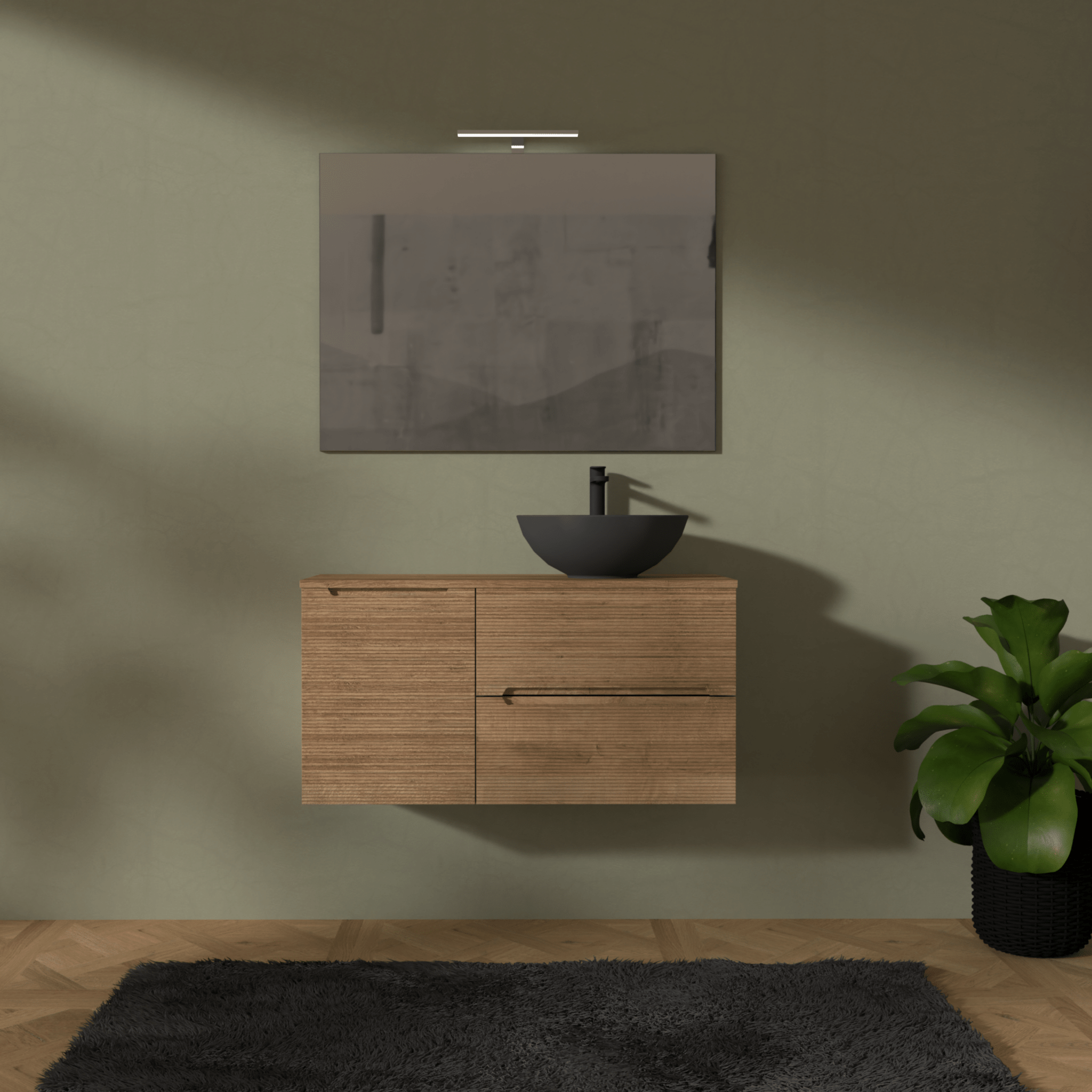 Mobile Bagno Sospeso Cannettato 100 Cm Due Cassetti Un'Anta e Top Specchio Con Lampada Led 70x100 Cm AdattoCasa "Rigo" Rovere Farnia - Dabicasa