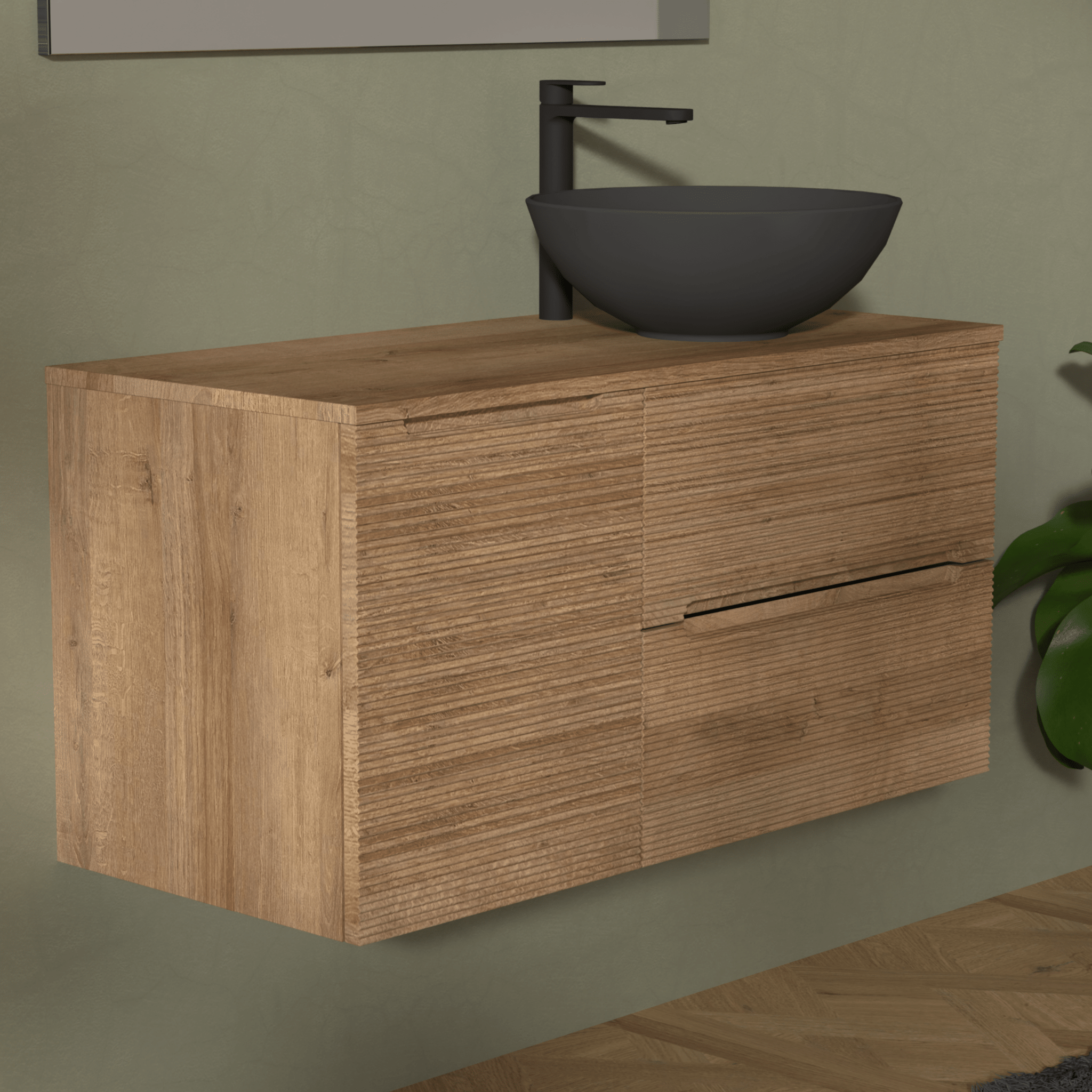 Mobile Bagno Sospeso Cannettato 100 Cm Due Cassetti Un'Anta e Top Specchio Con Lampada Led 70x100 Cm AdattoCasa "Rigo" Rovere Farnia - Dabicasa